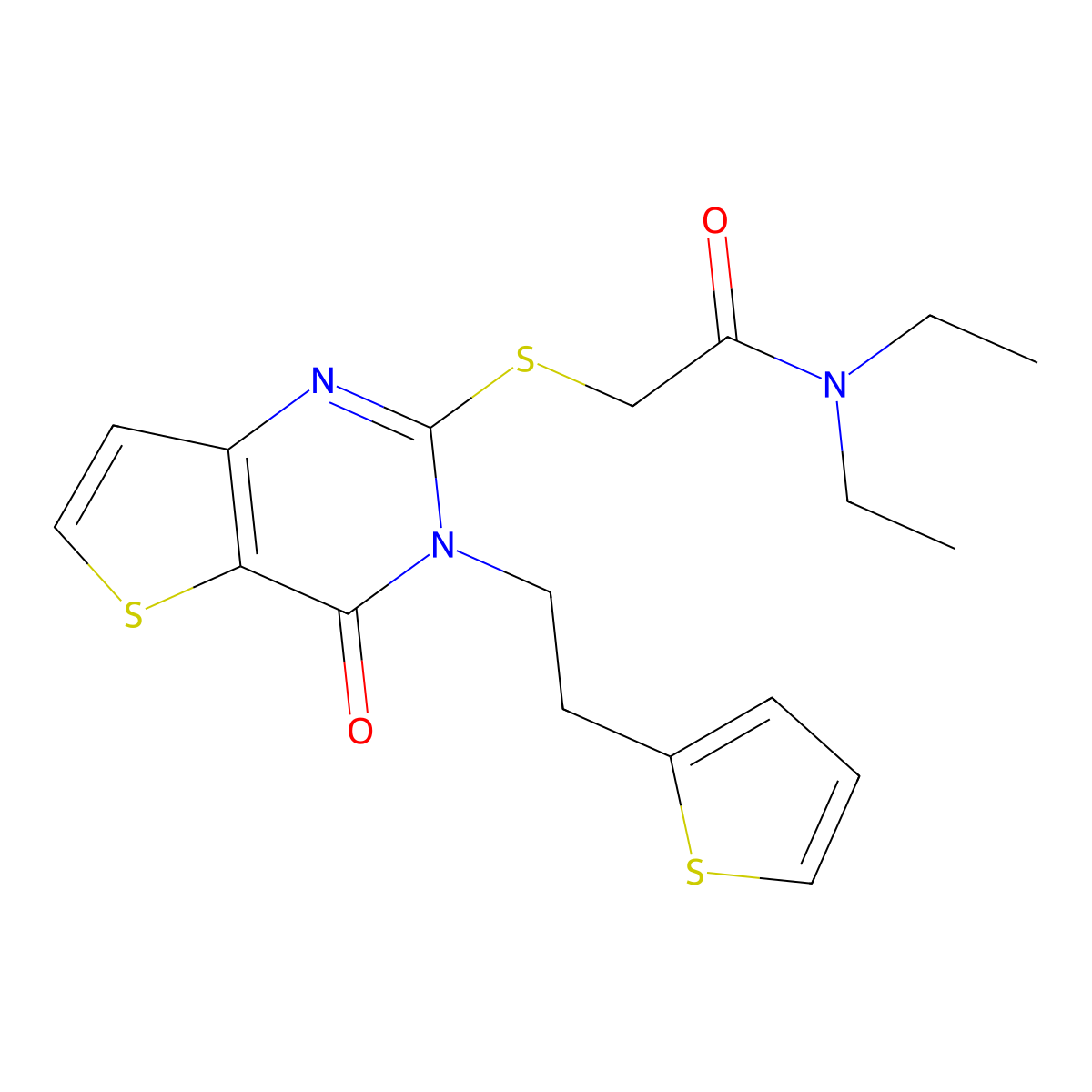 N,N-diethyl-2-({4-oxo-3-[2-(thiophen-2-yl)ethyl]-3,4-dihydrothieno[3,2-d]pyrimidin-2-yl}sulfanyl)acetamide molecular structure, CAS 1260906-47-5