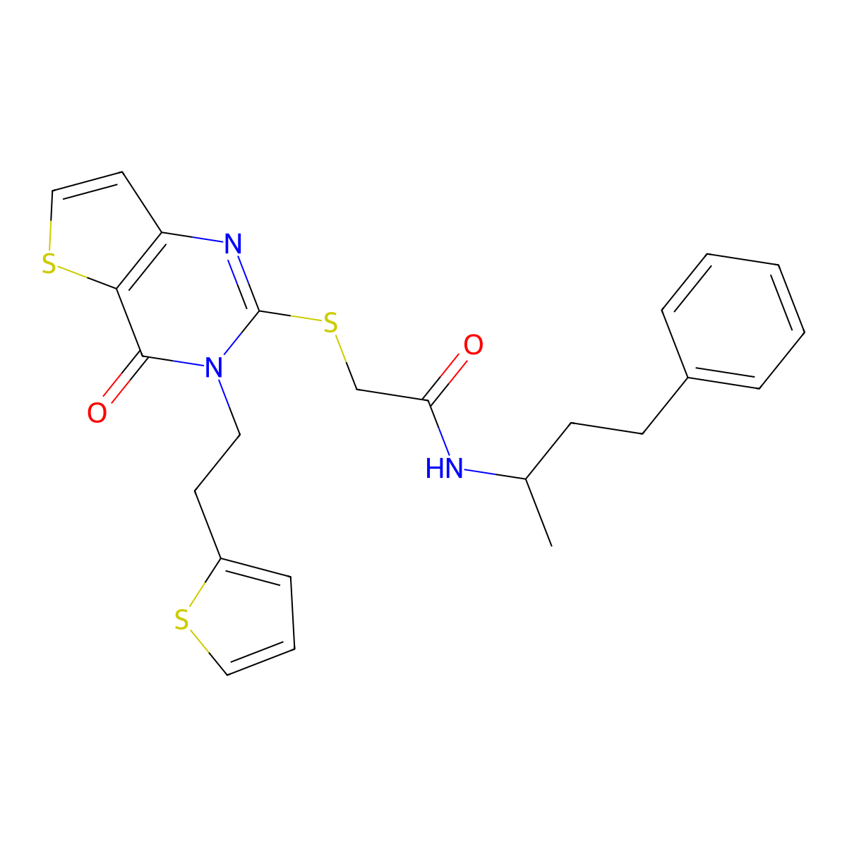 2-({4-oxo-3-[2-(thiophen-2-yl)ethyl]-3,4-dihydrothieno[3,2-d]pyrimidin-2-yl}sulfanyl)-N-(4-phenylbutan-2-yl)acetamide molecular structure, CAS 1260906-60-2