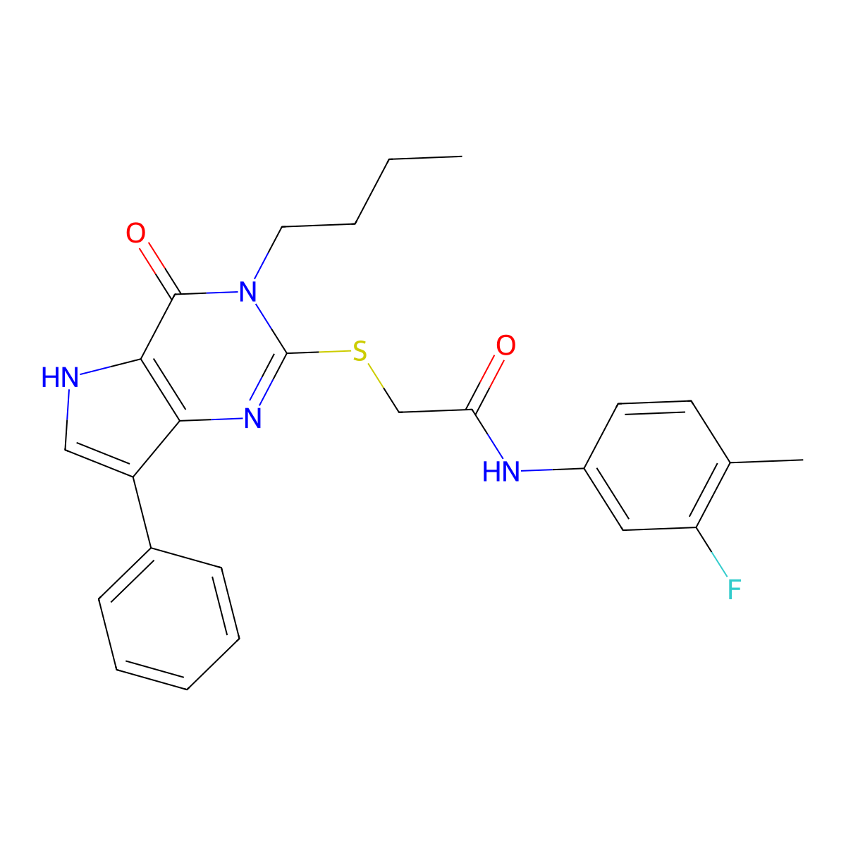 2-[(3-butyl-4-oxo-7-phenyl-4,5-dihydro-3H-pyrrolo[3,2-d]pyrimidin-2-yl)sulfanyl]-N-(3-fluoro-4-methylphenyl)acetamide molecular structure, CAS 1260907-84-3