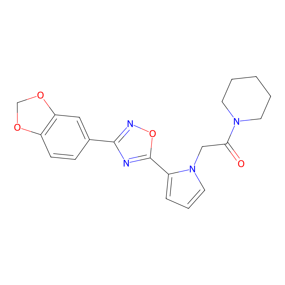 2-{2-[3-(2H-1,3-benzodioxol-5-yl)-1,2,4-oxadiazol-5-yl]-1H-pyrrol-1-yl}-1-(piperidin-1-yl)ethan-1-one molecular structure, CAS 1260908-48-2