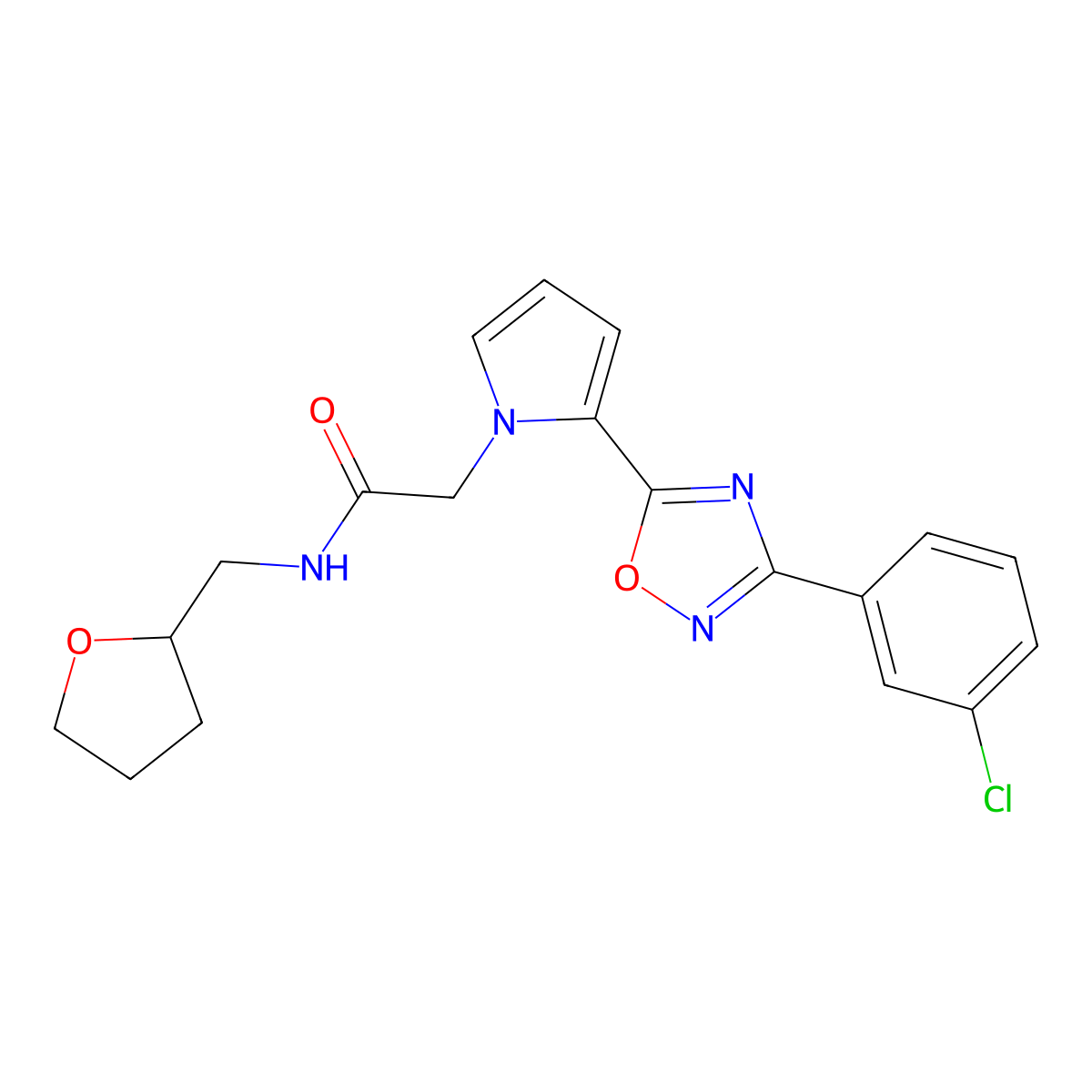 2-{2-[3-(3-chlorophenyl)-1,2,4-oxadiazol-5-yl]-1H-pyrrol-1-yl}-N-(tetrahydrofuran-2-ylmethyl)acetamide molecular structure, CAS 1260908-81-3
