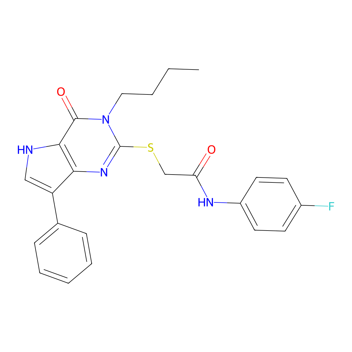 2-((3-butyl-4-oxo-7-phenyl-4,5-dihydro-3H-pyrrolo[3,2-d]pyrimidin-2-yl)thio)-N-(4-fluorophenyl)acetamide molecular structure, CAS 1260909-13-4