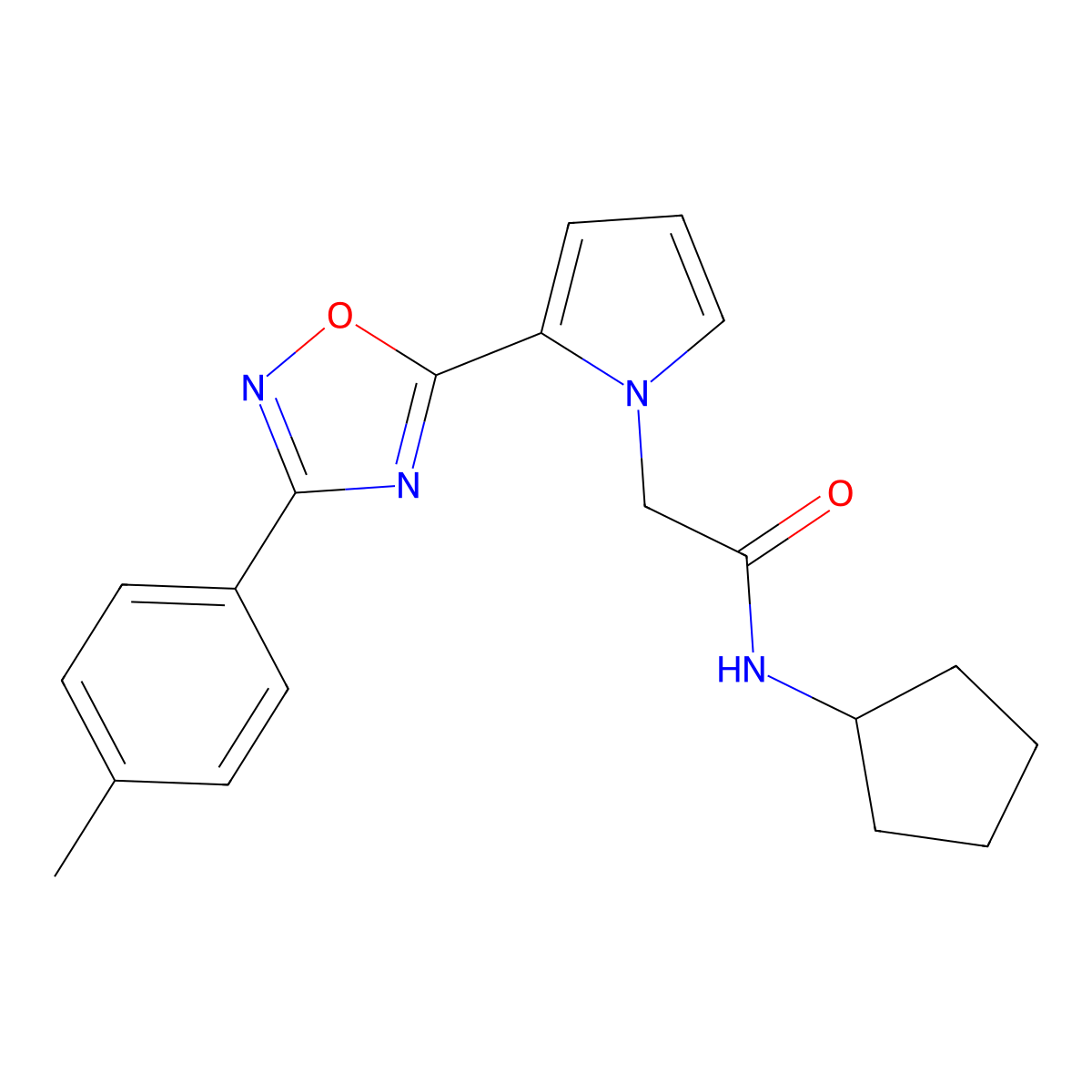 N-cyclopentyl-2-{2-[3-(4-methylphenyl)-1,2,4-oxadiazol-5-yl]-1H-pyrrol-1-yl}acetamide molecular structure, CAS 1260911-79-2
