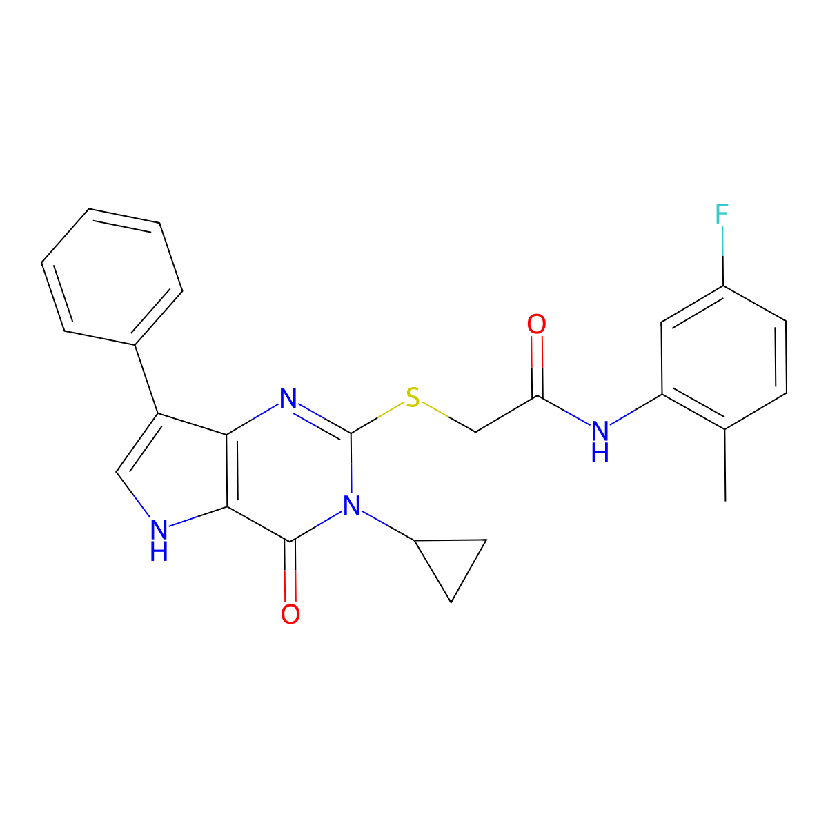 2-[(3-cyclopropyl-4-oxo-7-phenyl-4,5-dihydro-3H-pyrrolo[3,2-d]pyrimidin-2-yl)sulfanyl]-N-(5-fluoro-2-methylphenyl)acetamide molecular structure, CAS 1260912-87-5