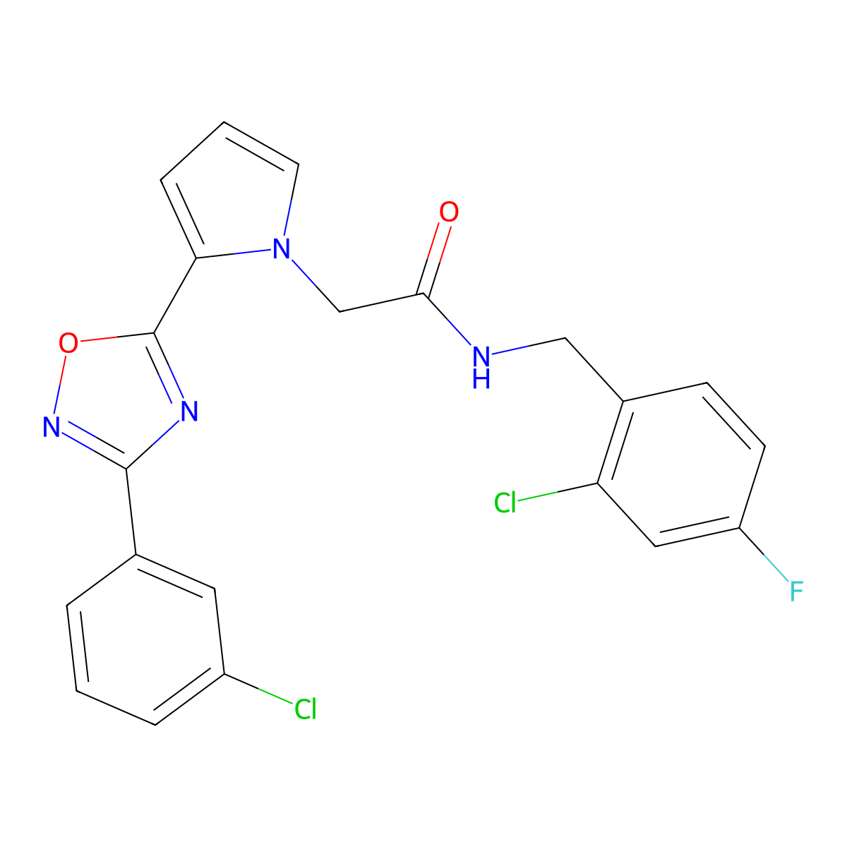 N-(2-chloro-4-fluorobenzyl)-2-(2-(3-(3-chlorophenyl)-1,2,4-oxadiazol-5-yl)-1H-pyrrol-1-yl)acetamide molecular structure, CAS 1260913-12-9