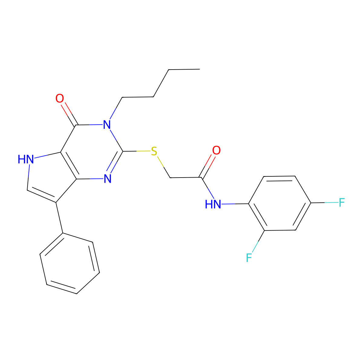 2-((3-butyl-4-oxo-7-phenyl-4,5-dihydro-3H-pyrrolo[3,2-d]pyrimidin-2-yl)thio)-N-(2,4-difluorophenyl)acetamide molecular structure, CAS 1260914-26-8