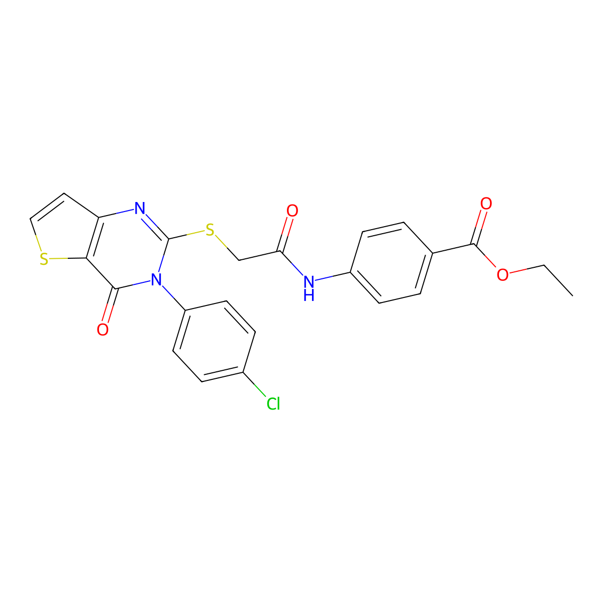 Ethyl 4-[({[3-(4-chlorophenyl)-4-oxo-3,4-dihydrothieno[3,2-d]pyrimidin-2-yl]sulfanyl}acetyl)amino]benzoate molecular structure, CAS 1260914-27-9