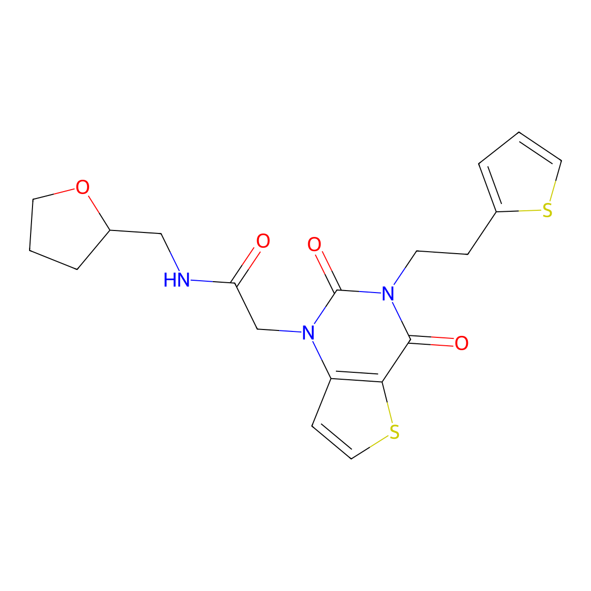 2-{2,4-dioxo-3-[2-(thiophen-2-yl)ethyl]-3,4-dihydrothieno[3,2-d]pyrimidin-1(2H)-yl}-N-(tetrahydrofuran-2-ylmethyl)acetamide molecular structure, CAS 1260914-75-7