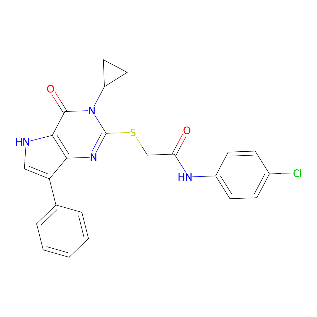 N-(4-chlorophenyl)-2-((3-cyclopropyl-4-oxo-7-phenyl-4,5-dihydro-3H-pyrrolo[3,2-d]pyrimidin-2-yl)thio)acetamide molecular structure, CAS 1260917-51-8