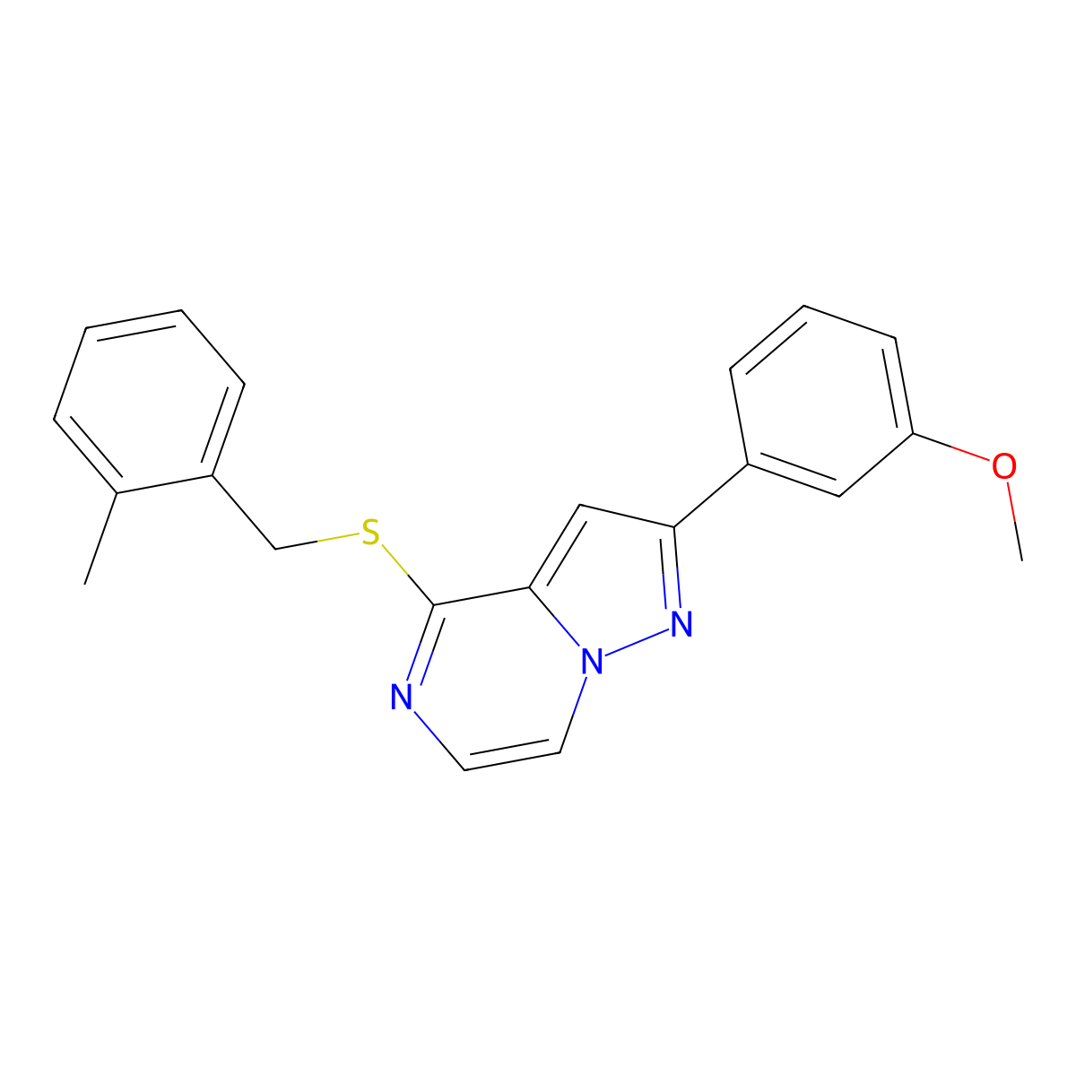 2-(3-Methoxyphenyl)-4-[(2-methylbenzyl)thio]pyrazolo[1,5-a]pyrazine molecular structure, CAS 1260918-00-0