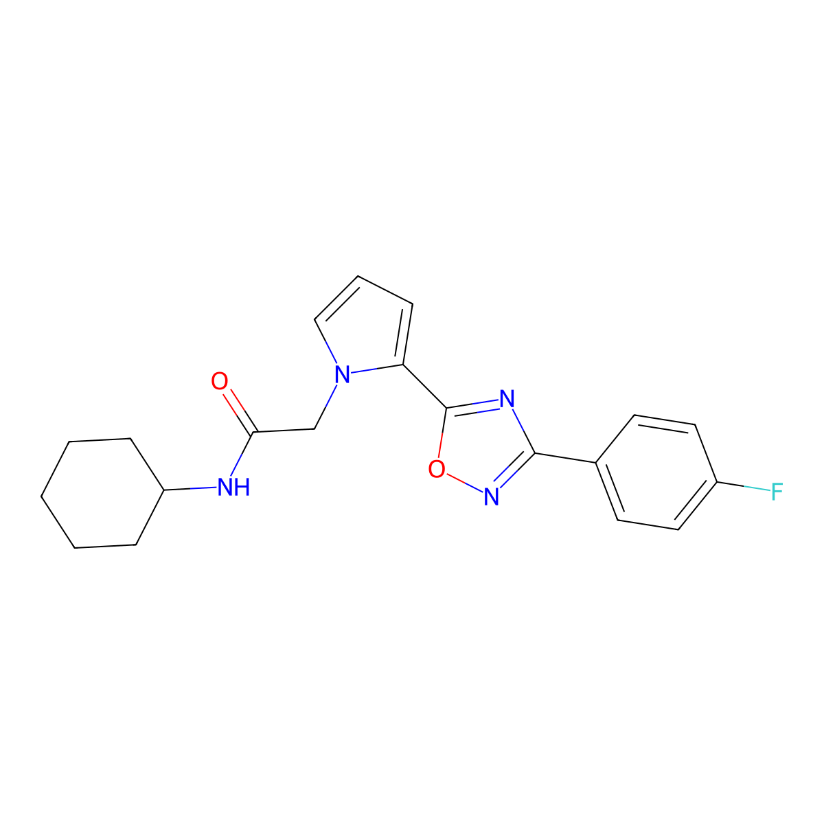 N-cyclohexyl-2-{2-[3-(4-fluorophenyl)-1,2,4-oxadiazol-5-yl]-1H-pyrrol-1-yl}acetamide molecular structure, CAS 1260919-22-9