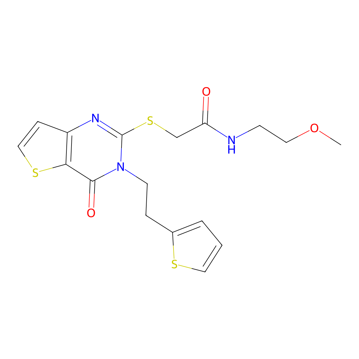 N-(2-methoxyethyl)-2-({4-oxo-3-[2-(thiophen-2-yl)ethyl]-3,4-dihydrothieno[3,2-d]pyrimidin-2-yl}sulfanyl)acetamide molecular structure, CAS 1260919-45-6