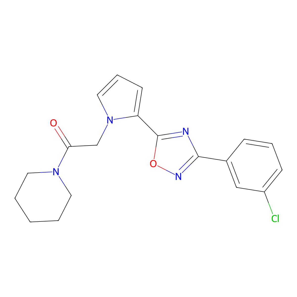 2-{2-[3-(3-chlorophenyl)-1,2,4-oxadiazol-5-yl]-1H-pyrrol-1-yl}-1-(piperidin-1-yl)ethanone molecular structure, CAS 1260919-62-7