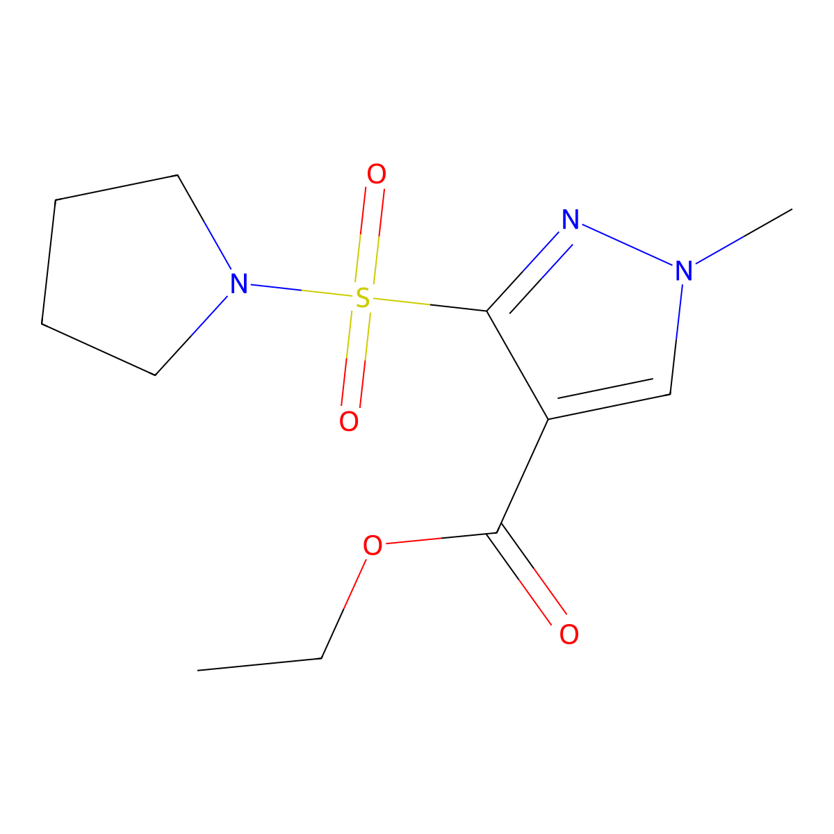 ethyl 1-methyl-3-(pyrrolidin-1-ylsulfonyl)-1H-pyrazole-4-carboxylate molecular structure, CAS 1260919-79-6