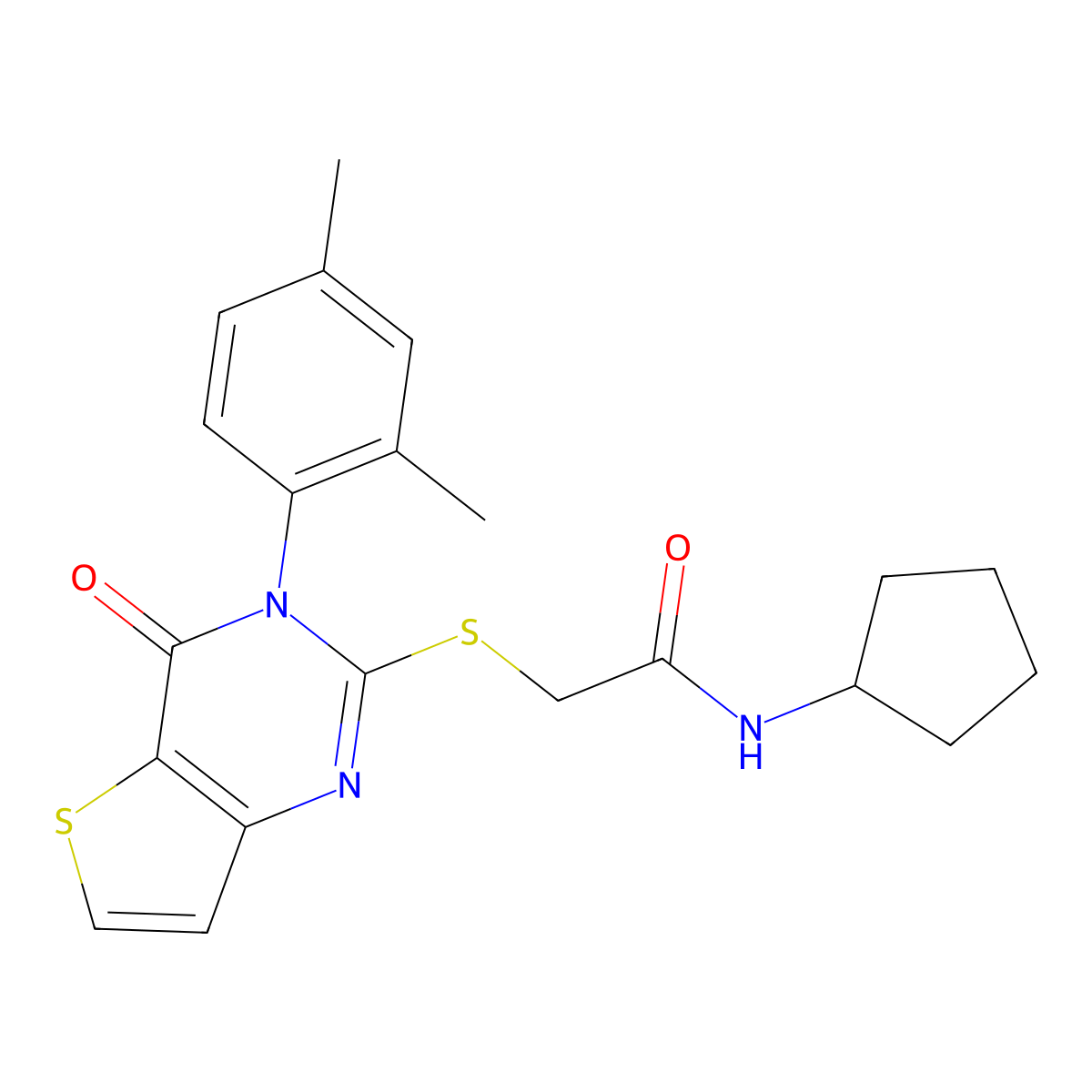 N-cyclopentyl-2-{[3-(2,4-dimethylphenyl)-4-oxo-3H,4H-thieno[3,2-d]pyrimidin-2-yl]sulfanyl}acetamide molecular structure, CAS 1260920-34-0
