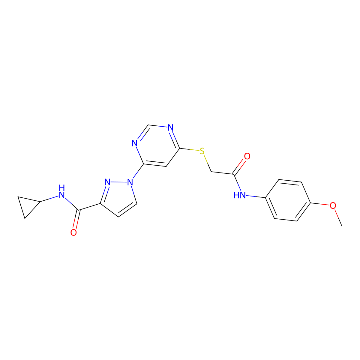 N-cyclopropyl-1-[6-({2-[(4-methoxyphenyl)amino]-2-oxoethyl}sulfanyl)pyrimidin-4-yl]-1H-pyrazole-3-carboxamide molecular structure, CAS 1260920-43-1
