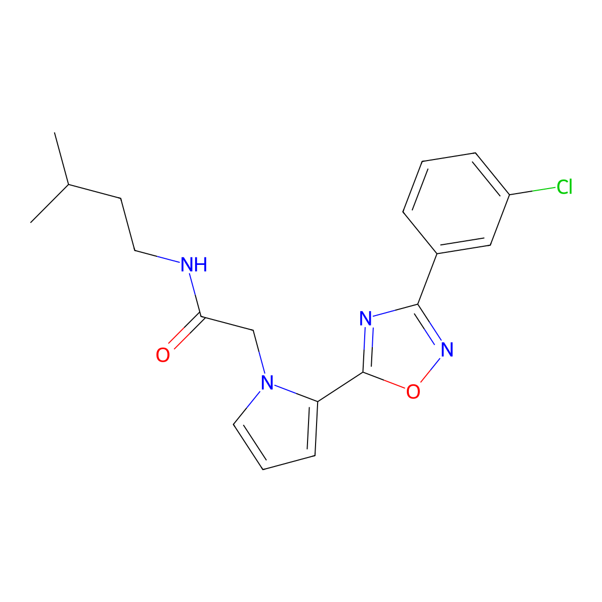 2-{2-[3-(3-chlorophenyl)-1,2,4-oxadiazol-5-yl]-1H-pyrrol-1-yl}-N-(3-methylbutyl)acetamide molecular structure, CAS 1260920-48-6
