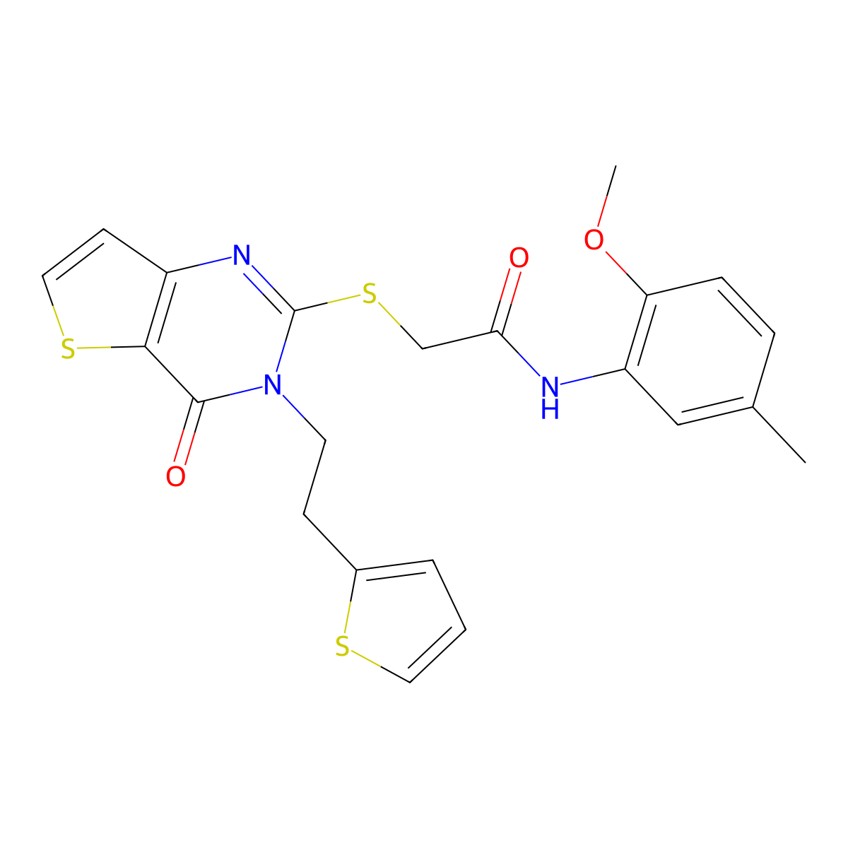 N-(2-methoxy-5-methylphenyl)-2-({4-oxo-3-[2-(thiophen-2-yl)ethyl]-3,4-dihydrothieno[3,2-d]pyrimidin-2-yl}sulfanyl)acetamide molecular structure, CAS 1260920-89-5