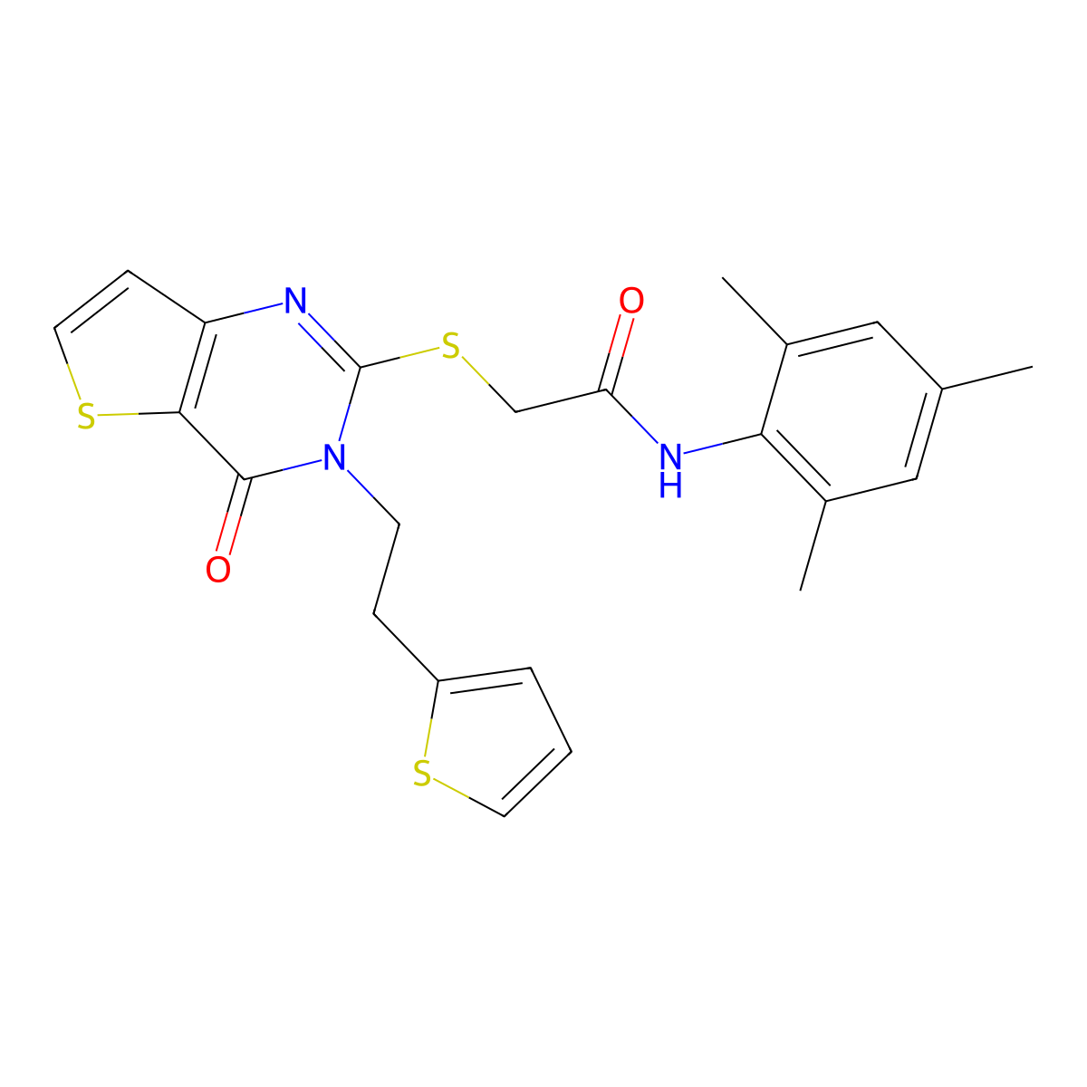 2-({4-oxo-3-[2-(thiophen-2-yl)ethyl]-3,4-dihydrothieno[3,2-d]pyrimidin-2-yl}sulfanyl)-N-(2,4,6-trimethylphenyl)acetamide molecular structure, CAS 1260925-01-6