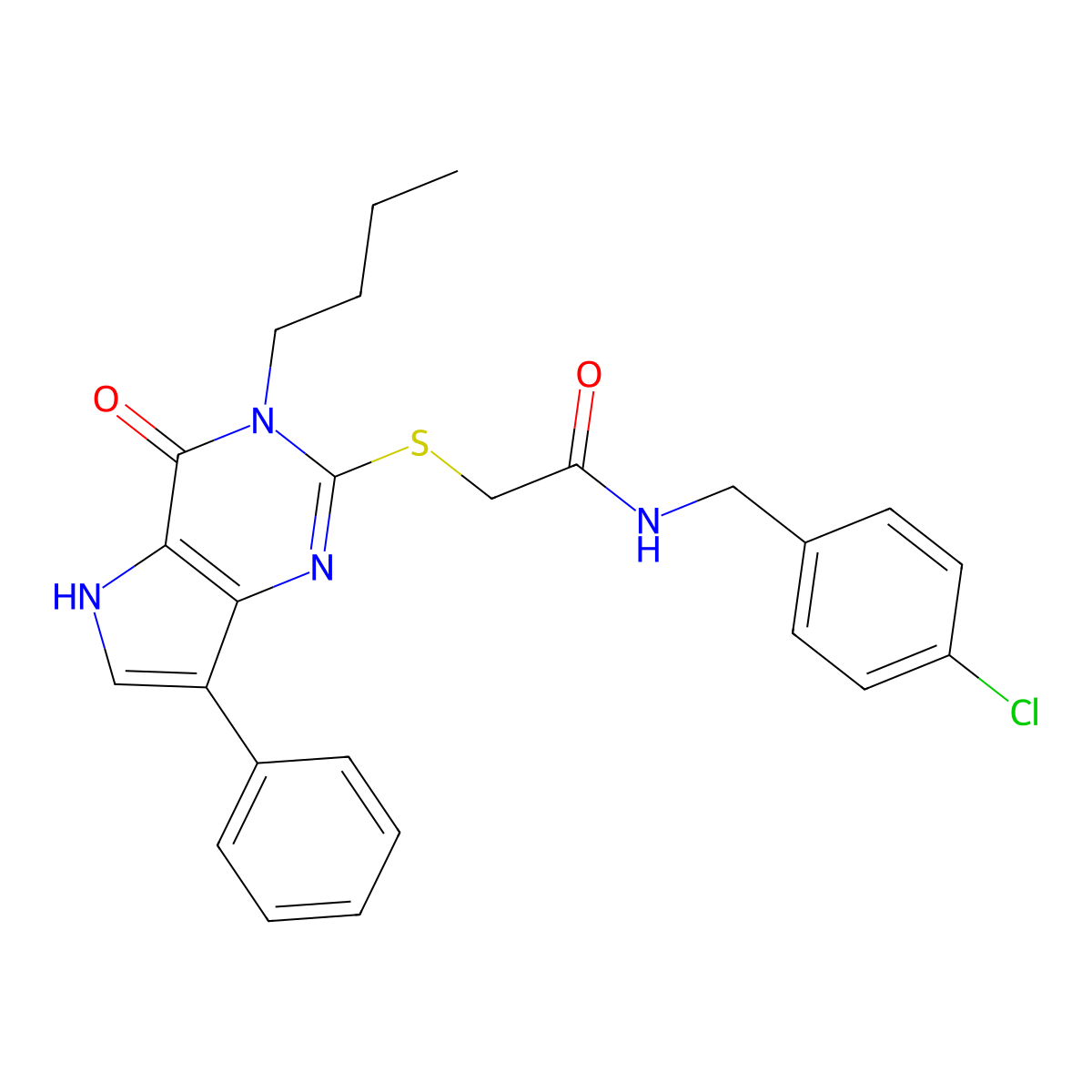2-((3-butyl-4-oxo-7-phenyl-4,5-dihydro-3H-pyrrolo[3,2-d]pyrimidin-2-yl)thio)-N-(4-chlorobenzyl)acetamide molecular structure, CAS 1260925-97-0