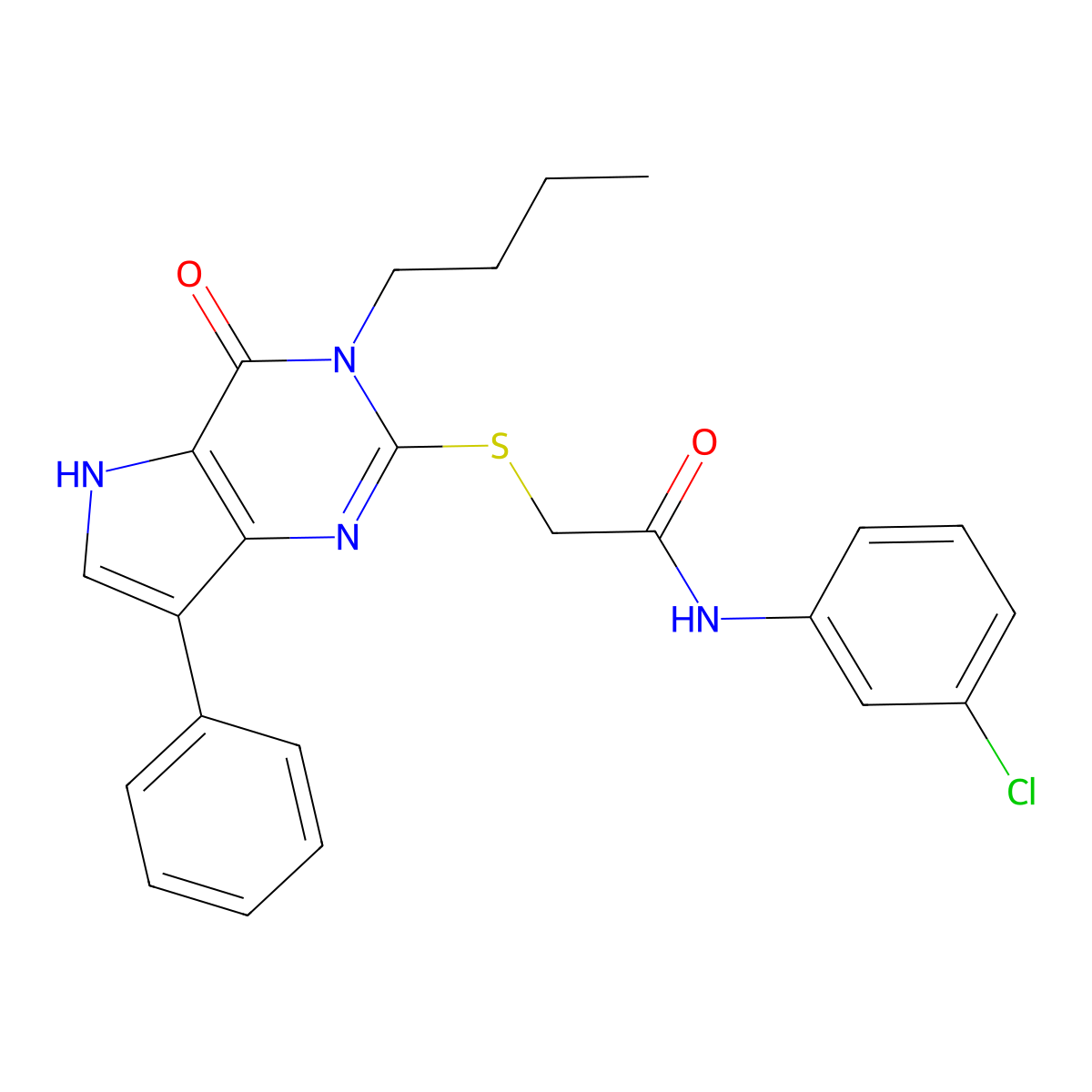 2-((3-butyl-4-oxo-7-phenyl-4,5-dihydro-3H-pyrrolo[3,2-d]pyrimidin-2-yl)thio)-N-(3-chlorophenyl)acetamide molecular structure, CAS 1260926-24-6
