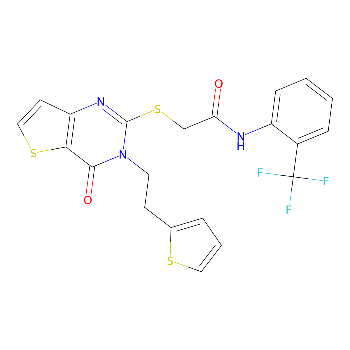 2-({4-oxo-3-[2-(thiophen-2-yl)ethyl]-3,4-dihydrothieno[3,2-d]pyrimidin-2-yl}sulfanyl)-N-[2-(trifluoromethyl)phenyl]acetamide molecular structure, CAS 1260927-22-7