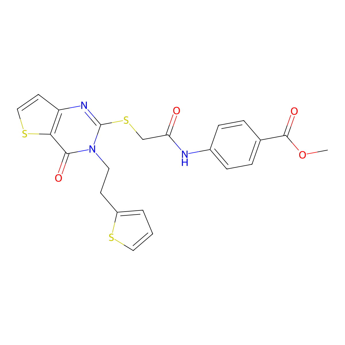 Methyl 4-{[({4-oxo-3-[2-(thiophen-2-yl)ethyl]-3,4-dihydrothieno[3,2-d]pyrimidin-2-yl}sulfanyl)acetyl]amino}benzoate molecular structure, CAS 1260928-18-4