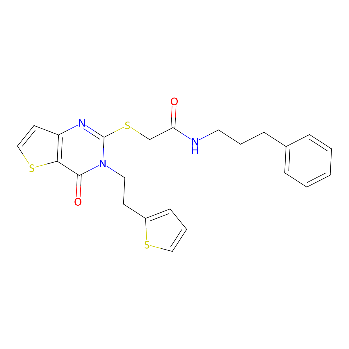 2-({4-oxo-3-[2-(thiophen-2-yl)ethyl]-3,4-dihydrothieno[3,2-d]pyrimidin-2-yl}sulfanyl)-N-(3-phenylpropyl)acetamide molecular structure, CAS 1260928-23-1