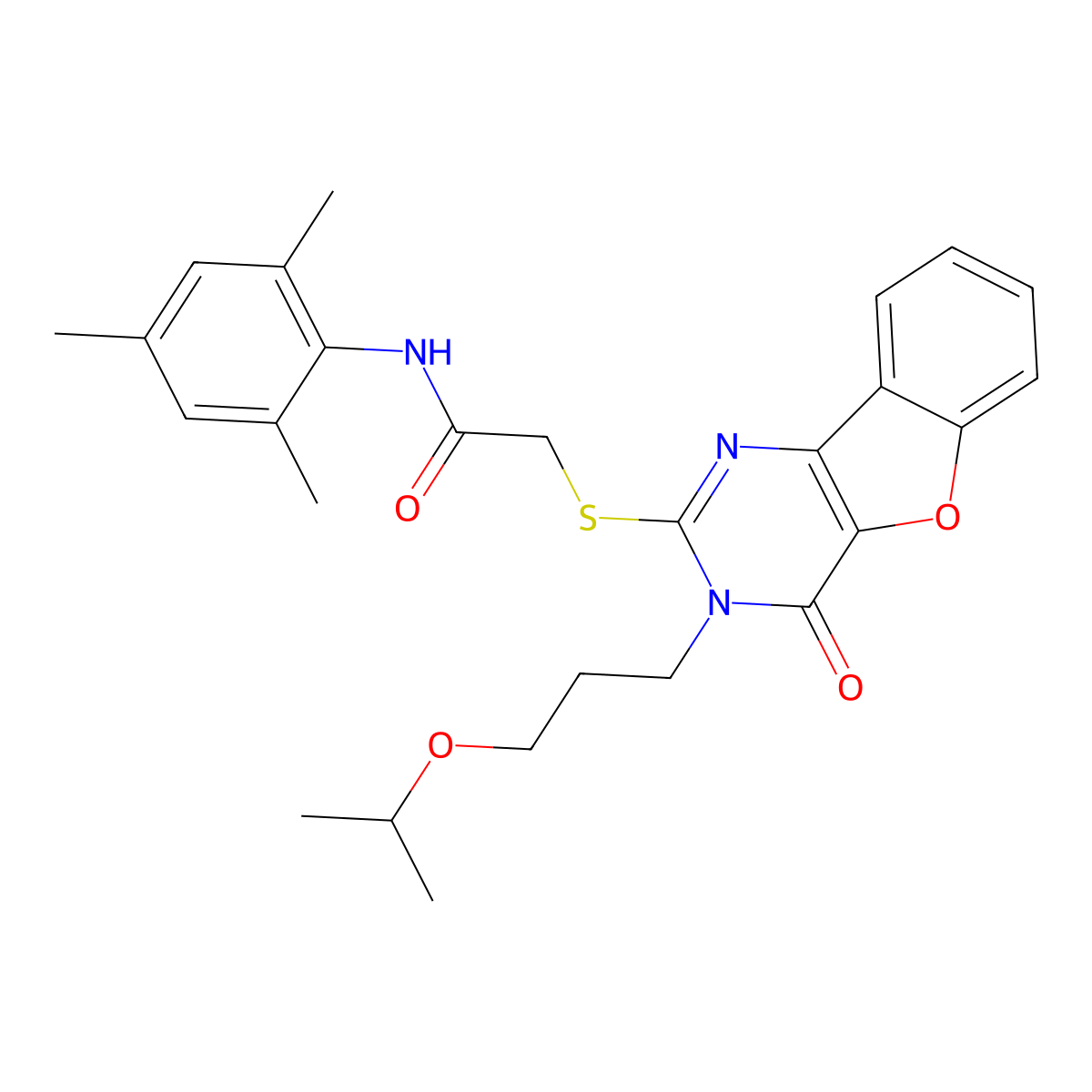 2-({4-oxo-3-[3-(propan-2-yloxy)propyl]-3,4-dihydro[1]benzofuro[3,2-d]pyrimidin-2-yl}sulfanyl)-N-(2,4,6-trimethylphenyl)acetamide molecular structure, CAS 1260930-72-0