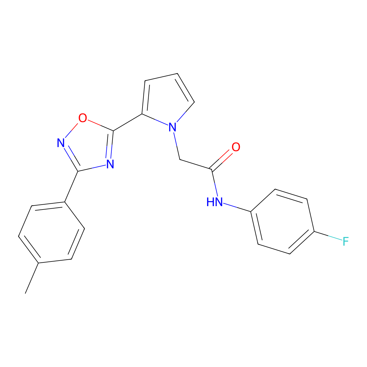 N-(4-fluorophenyl)-2-{2-[3-(4-methylphenyl)-1,2,4-oxadiazol-5-yl]-1H-pyrrol-1-yl}acetamide molecular structure, CAS 1260931-13-2