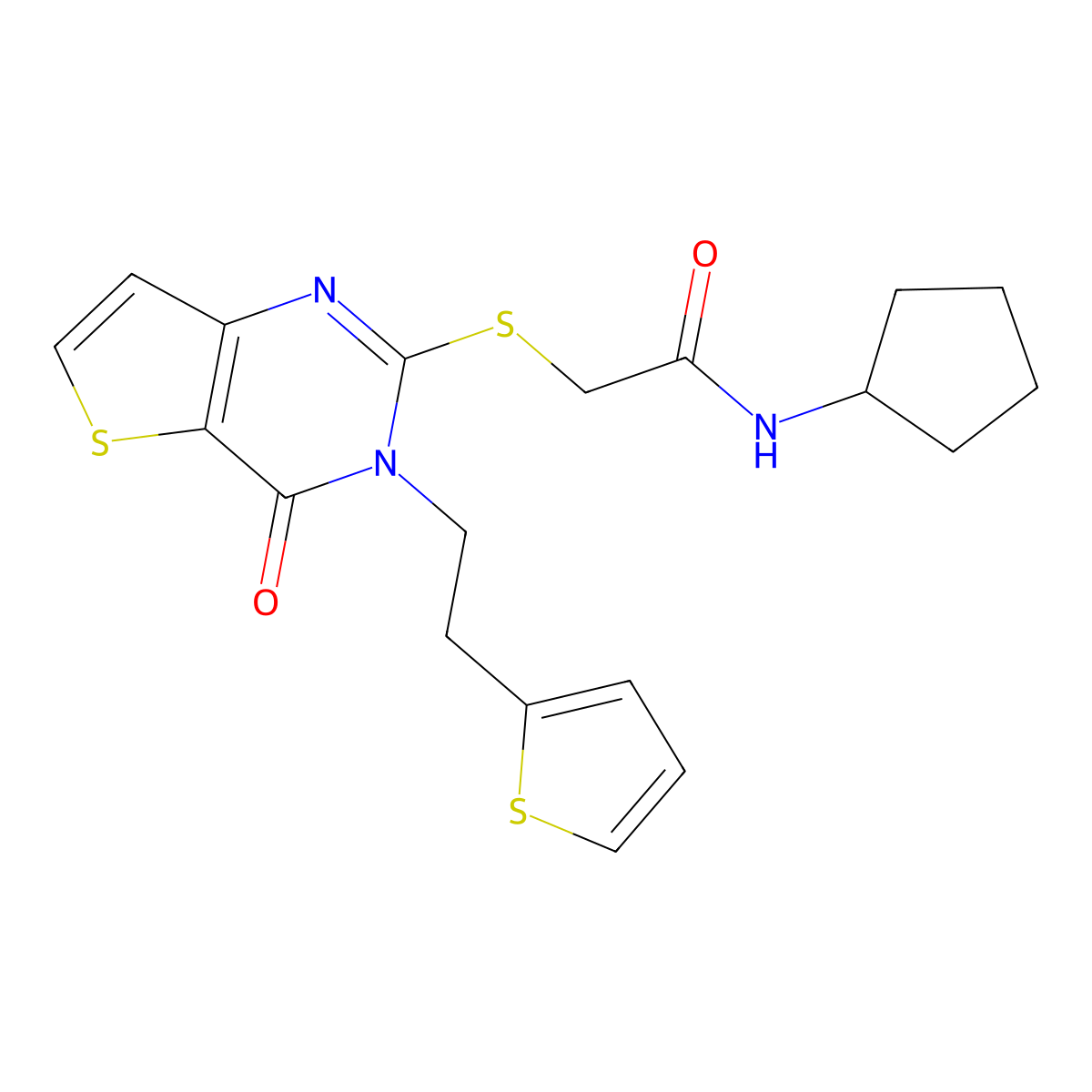 N-cyclopentyl-2-({4-oxo-3-[2-(thiophen-2-yl)ethyl]-3,4-dihydrothieno[3,2-d]pyrimidin-2-yl}sulfanyl)acetamide molecular structure, CAS 1260933-21-8
