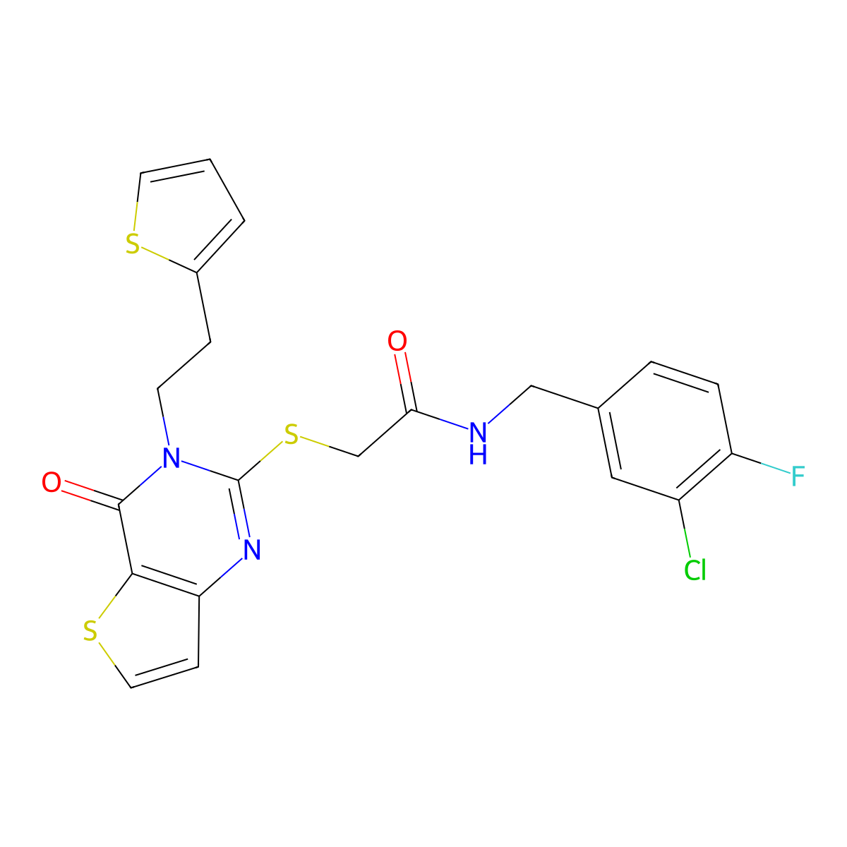 N-(3-chloro-4-fluorobenzyl)-2-({4-oxo-3-[2-(thiophen-2-yl)ethyl]-3,4-dihydrothieno[3,2-d]pyrimidin-2-yl}sulfanyl)acetamide molecular structure, CAS 1260934-07-3