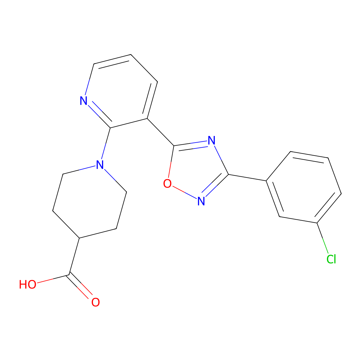 1-{3-[3-(3-Chlorophenyl)-1,2,4-oxadiazol-5-yl]pyridin-2-yl}piperidine-4-carboxylic acid molecular structure, CAS 1260934-87-9