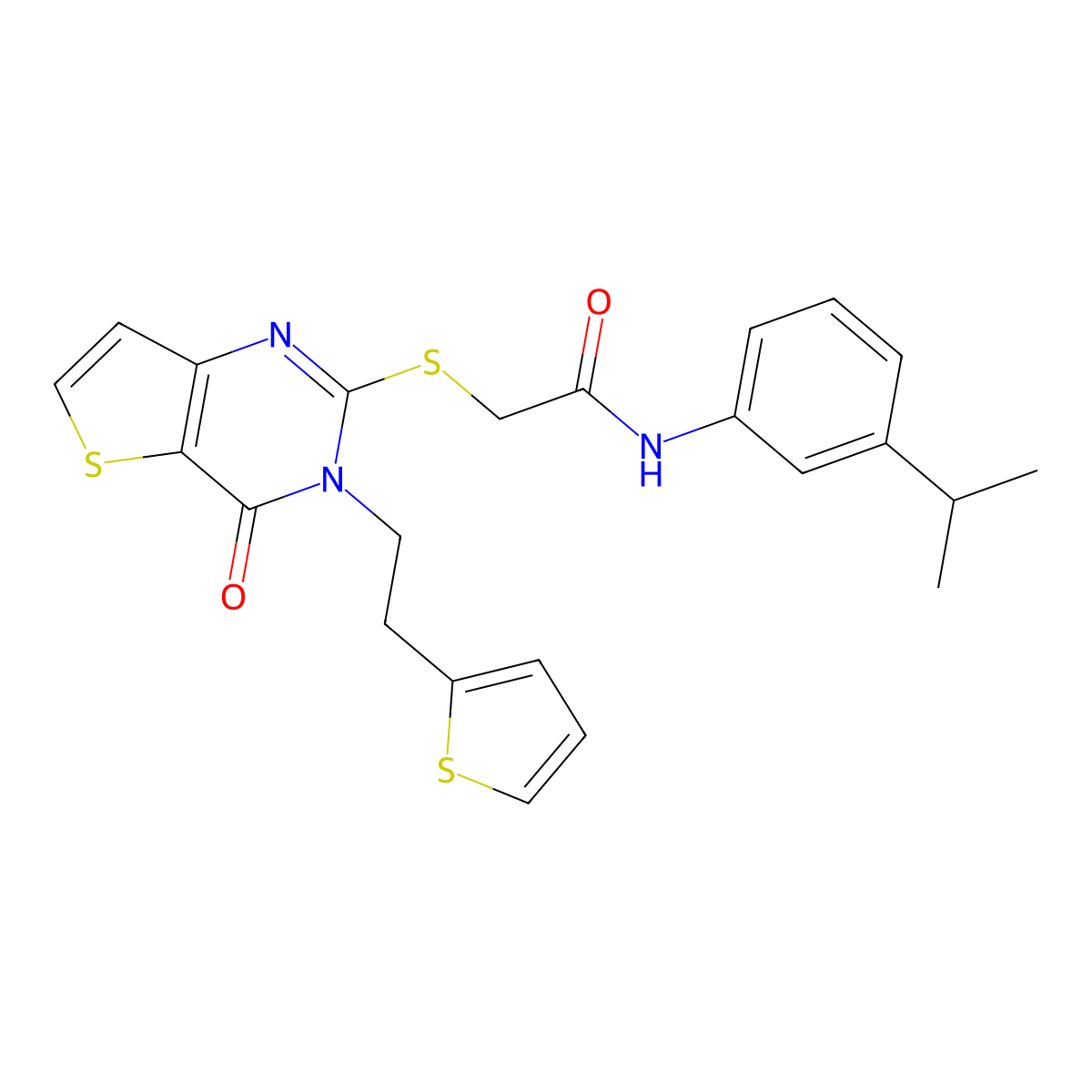 2-({4-oxo-3-[2-(thiophen-2-yl)ethyl]-3,4-dihydrothieno[3,2-d]pyrimidin-2-yl}sulfanyl)-N-[3-(propan-2-yl)phenyl]acetamide molecular structure, CAS 1260937-59-4