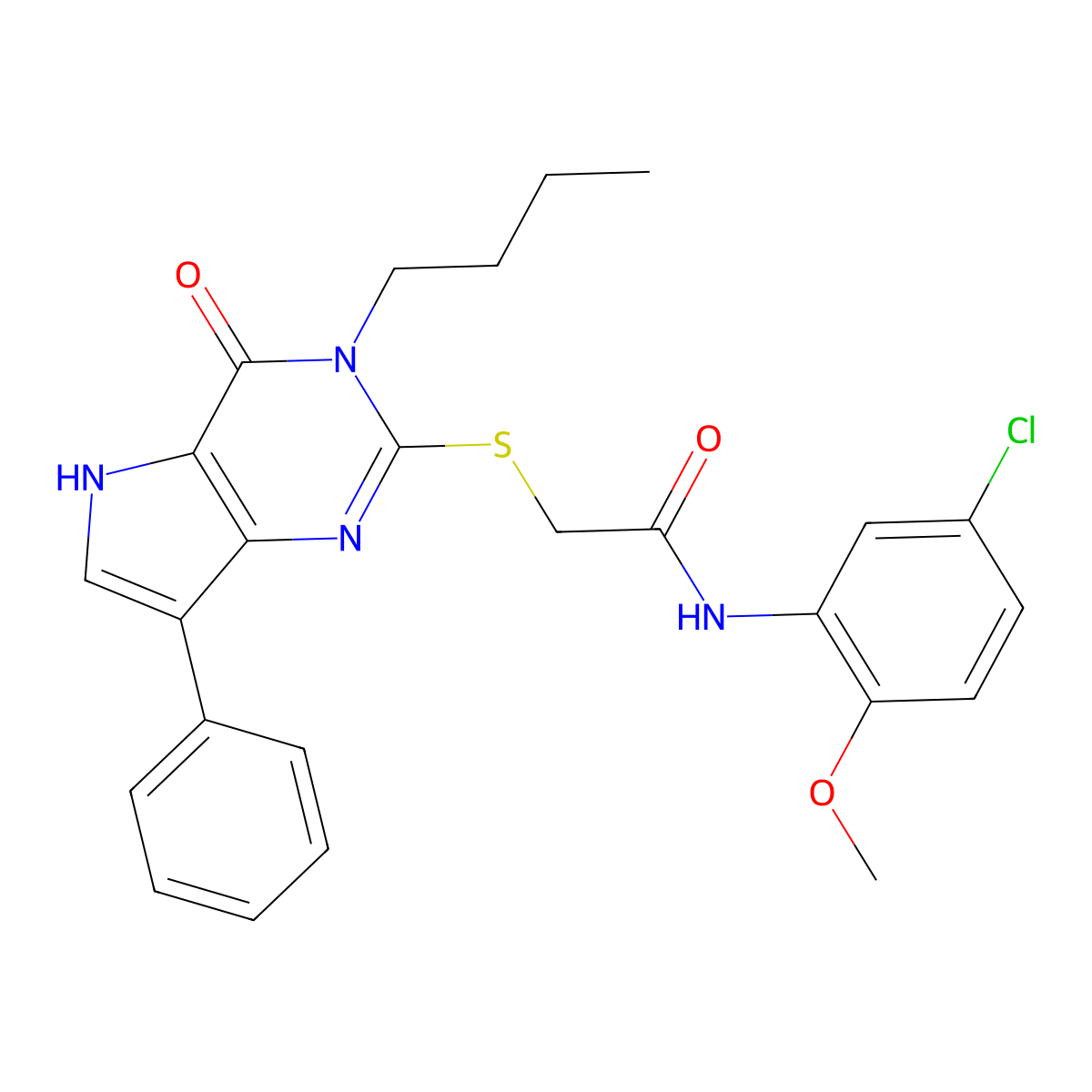 2-((3-butyl-4-oxo-7-phenyl-4,5-dihydro-3H-pyrrolo[3,2-d]pyrimidin-2-yl)thio)-N-(5-chloro-2-methoxyphenyl)acetamide molecular structure, CAS 1260937-75-4