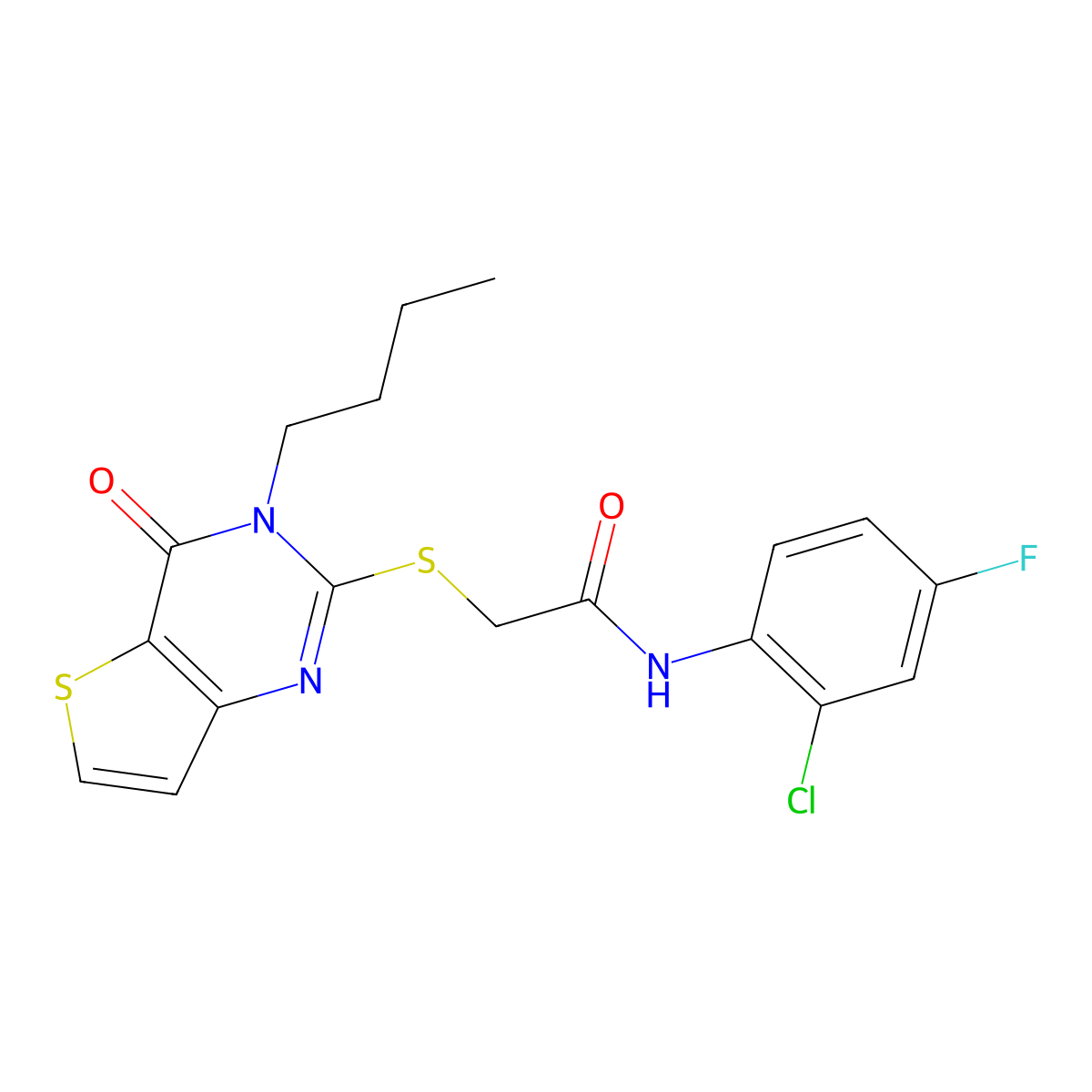 2-({3-butyl-4-oxo-3H,4H-thieno[3,2-d]pyrimidin-2-yl}sulfanyl)-N-(2-chloro-4-fluorophenyl)acetamide molecular structure, CAS 1260937-77-6