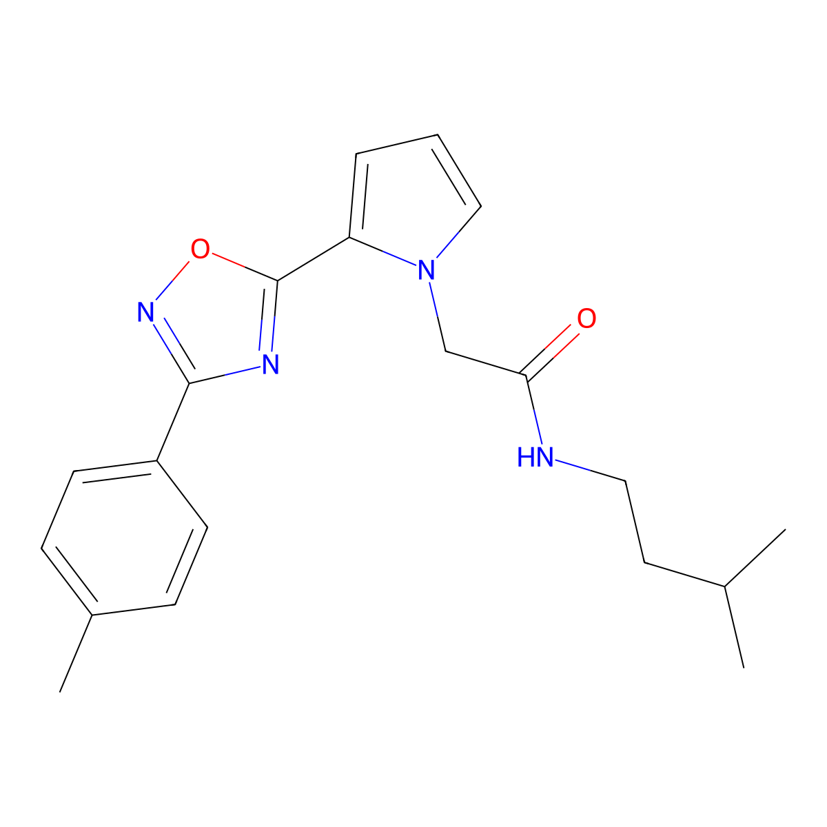 N-(3-methylbutyl)-2-{2-[3-(4-methylphenyl)-1,2,4-oxadiazol-5-yl]-1H-pyrrol-1-yl}acetamide molecular structure, CAS 1260939-60-3