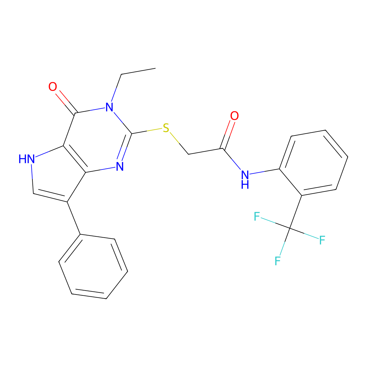 2-[(3-ethyl-4-oxo-7-phenyl-4,5-dihydro-3H-pyrrolo[3,2-d]pyrimidin-2-yl)sulfanyl]-N-[2-(trifluoromethyl)phenyl]acetamide molecular structure, CAS 1260940-72-4