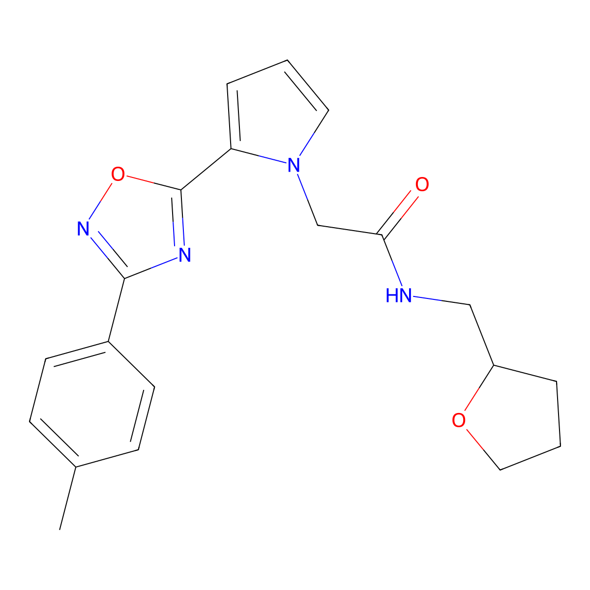 2-{2-[3-(4-methylphenyl)-1,2,4-oxadiazol-5-yl]-1H-pyrrol-1-yl}-N-(tetrahydrofuran-2-ylmethyl)acetamide molecular structure, CAS 1260942-18-4