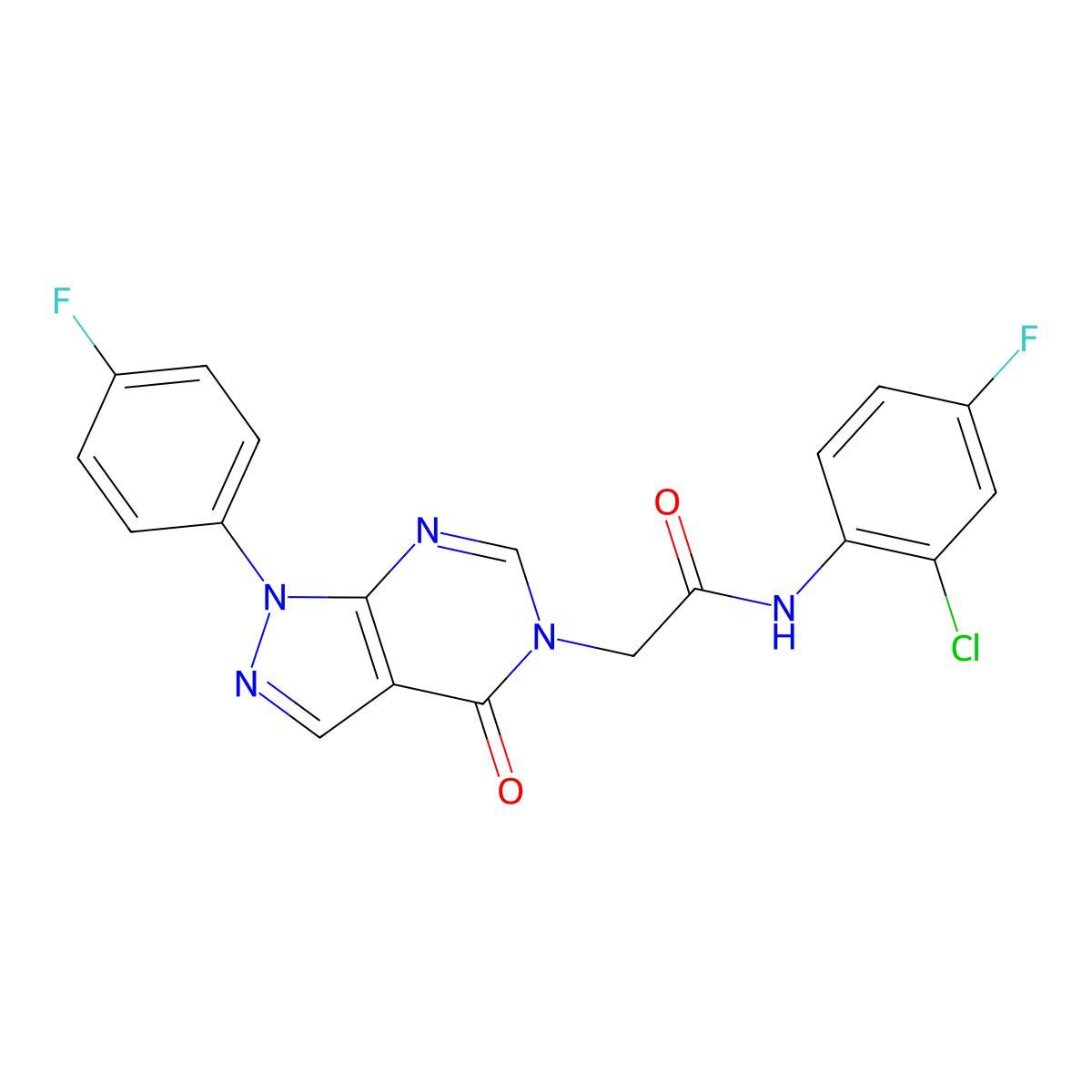 N-(2-chloro-4-fluorophenyl)-2-(1-(4-fluorophenyl)-4-oxo-1,4-dihydro-5H-pyrazolo[3,4-d]pyrimidin-5-yl)acetamide molecular structure, CAS 1260942-55-9