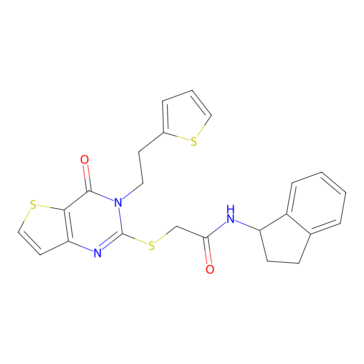 N-(2,3-dihydro-1H-inden-1-yl)-2-({4-oxo-3-[2-(thiophen-2-yl)ethyl]-3,4-dihydrothieno[3,2-d]pyrimidin-2-yl}sulfanyl)acetamide molecular structure, CAS 1260943-65-4
