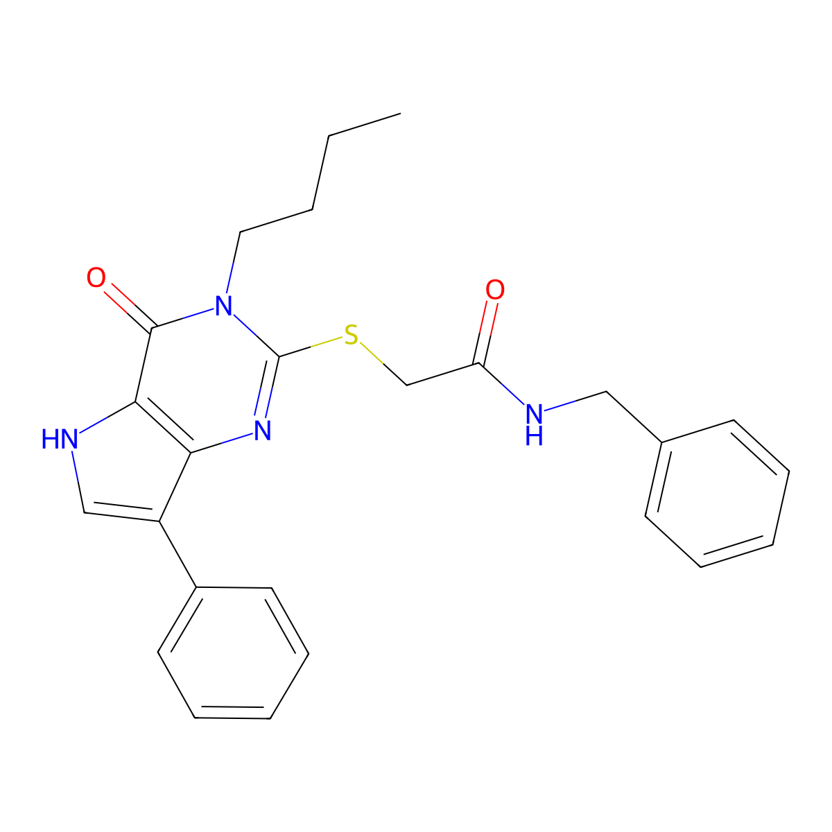 N-benzyl-2-((3-butyl-4-oxo-7-phenyl-4,5-dihydro-3H-pyrrolo[3,2-d]pyrimidin-2-yl)thio)acetamide molecular structure, CAS 1260944-34-0
