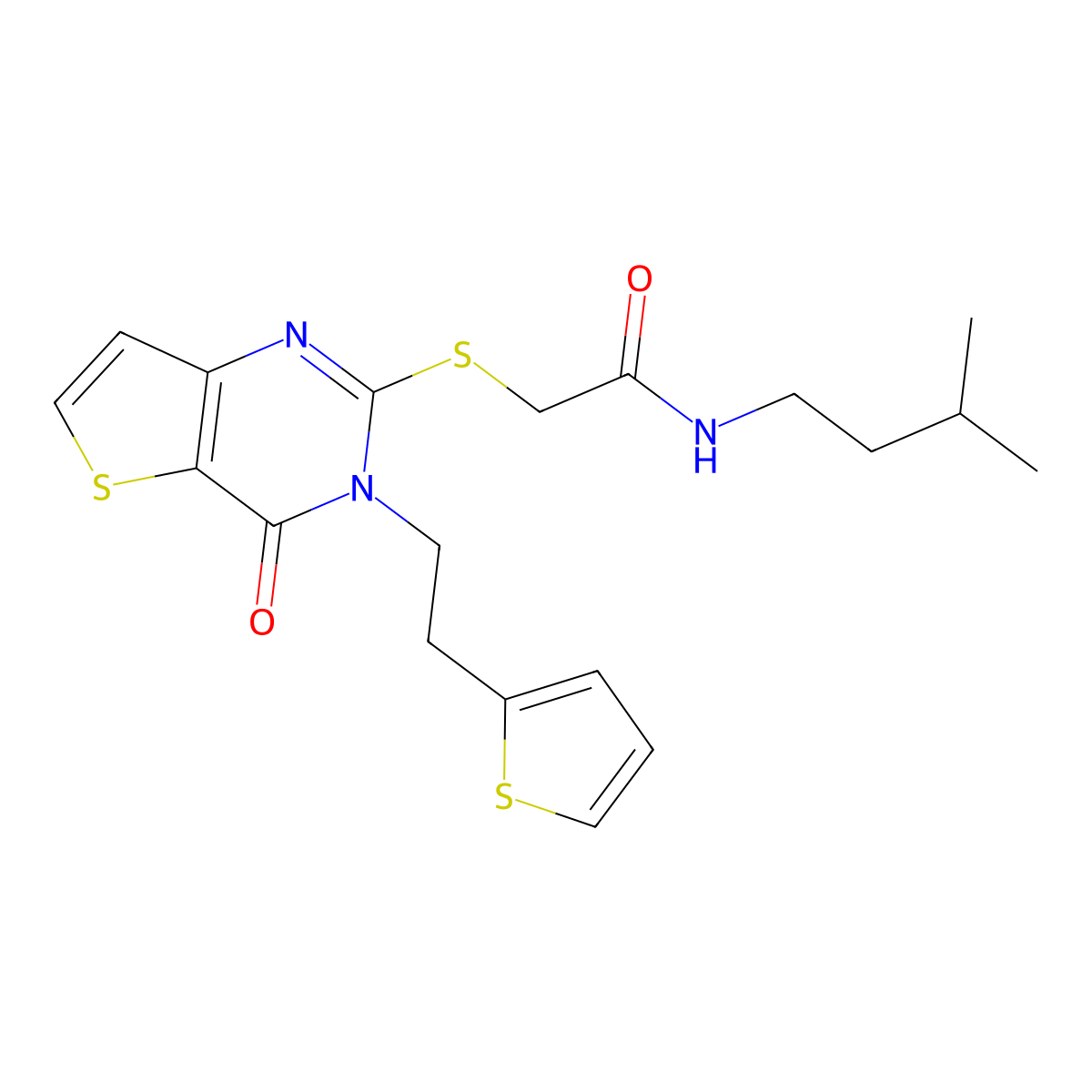 N-(3-methylbutyl)-2-({4-oxo-3-[2-(thiophen-2-yl)ethyl]-3,4-dihydrothieno[3,2-d]pyrimidin-2-yl}sulfanyl)acetamide molecular structure, CAS 1260945-92-3