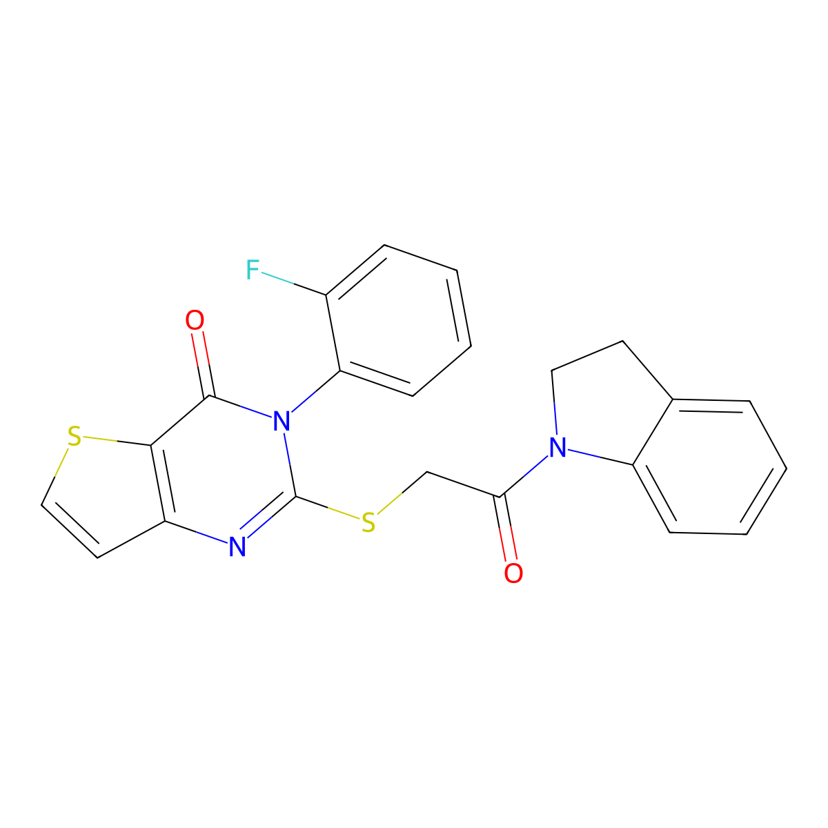 2-{[2-(2,3-dihydro-1H-indol-1-yl)-2-oxoethyl]sulfanyl}-3-(2-fluorophenyl)thieno[3,2-d]pyrimidin-4(3H)-one molecular structure, CAS 1260945-99-0