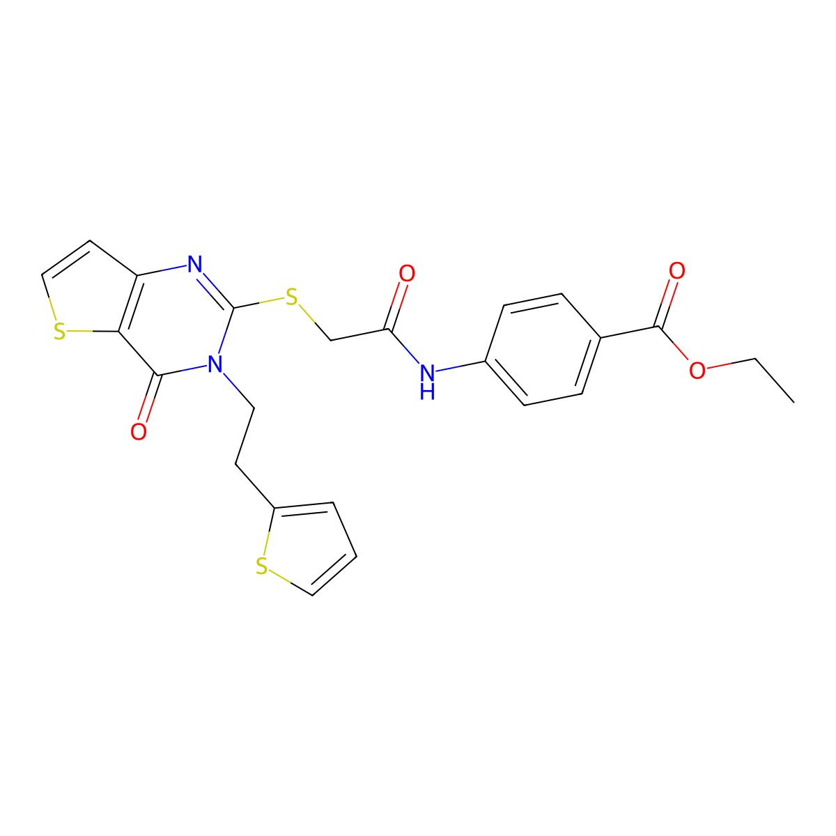 Ethyl 4-{[({4-oxo-3-[2-(thiophen-2-yl)ethyl]-3,4-dihydrothieno[3,2-d]pyrimidin-2-yl}sulfanyl)acetyl]amino}benzoate molecular structure, CAS 1260947-43-0