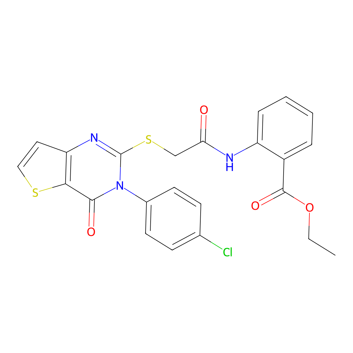 Ethyl 2-[({[3-(4-chlorophenyl)-4-oxo-3,4-dihydrothieno[3,2-d]pyrimidin-2-yl]sulfanyl}acetyl)amino]benzoate molecular structure, CAS 1260947-86-1