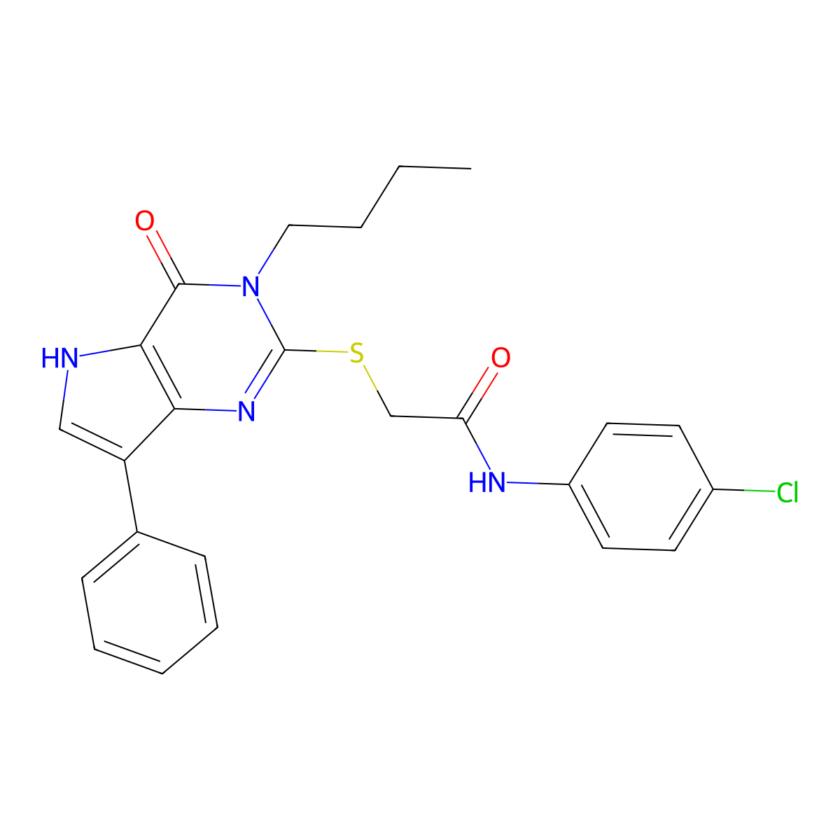 2-((3-butyl-4-oxo-7-phenyl-4,5-dihydro-3H-pyrrolo[3,2-d]pyrimidin-2-yl)thio)-N-(4-chlorophenyl)acetamide molecular structure, CAS 1260949-81-2