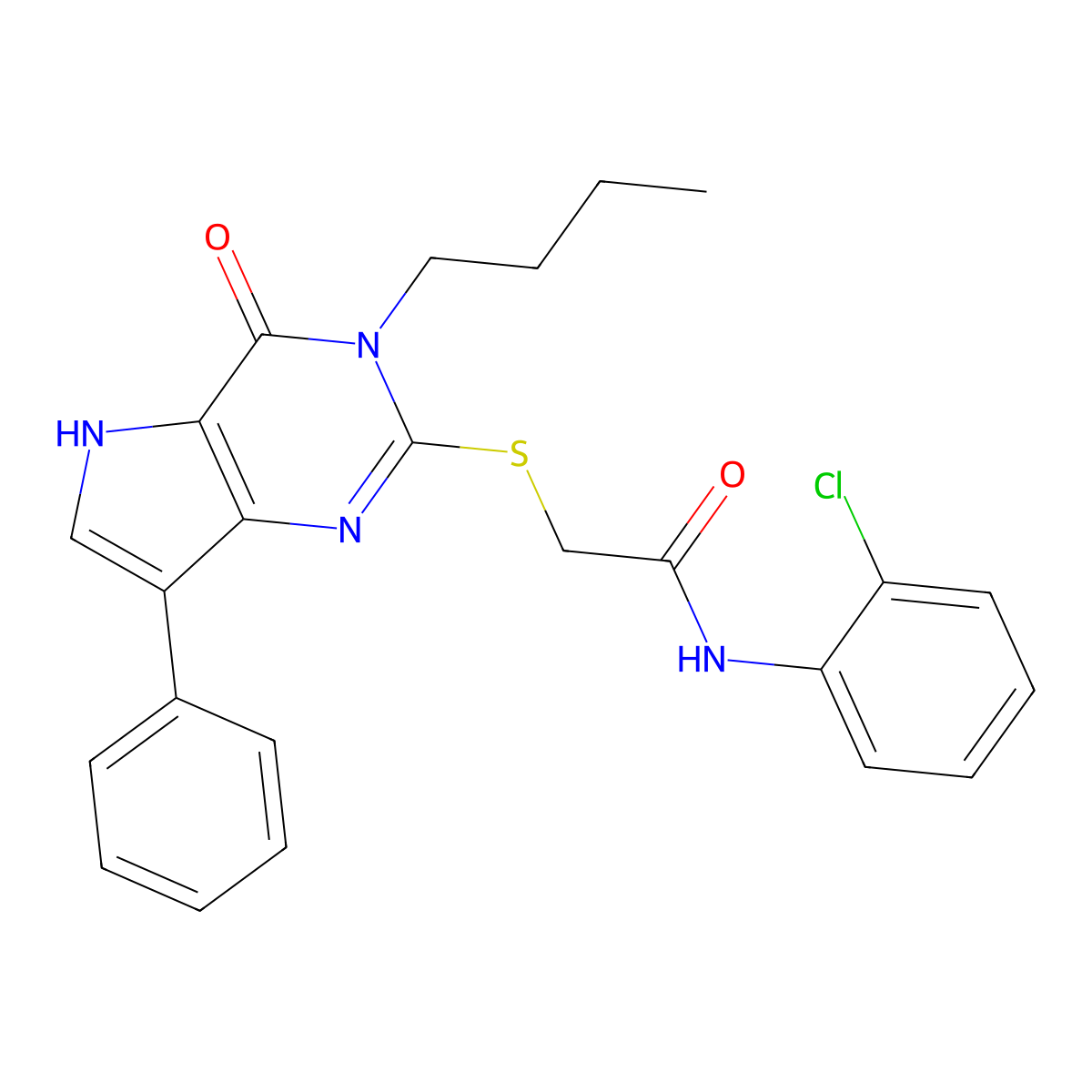 2-((3-butyl-4-oxo-7-phenyl-4,5-dihydro-3H-pyrrolo[3,2-d]pyrimidin-2-yl)thio)-N-(2-chlorophenyl)acetamide molecular structure, CAS 1260951-10-7