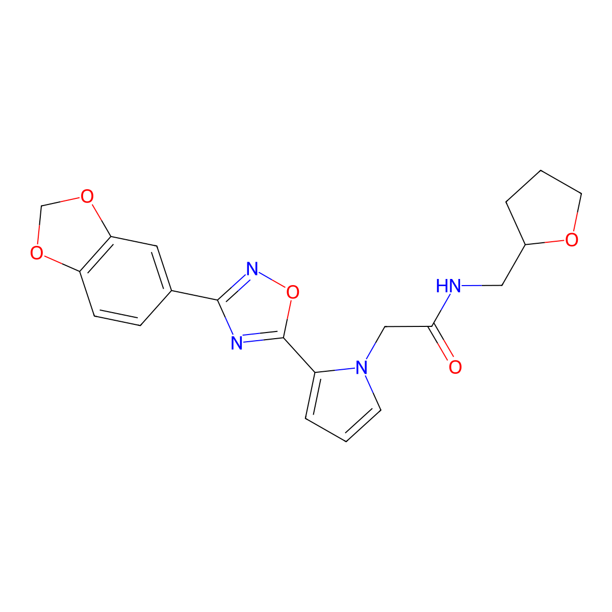 2-{2-[3-(1,3-benzodioxol-5-yl)-1,2,4-oxadiazol-5-yl]-1H-pyrrol-1-yl}-N-(tetrahydrofuran-2-ylmethyl)acetamide molecular structure, CAS 1260951-31-2