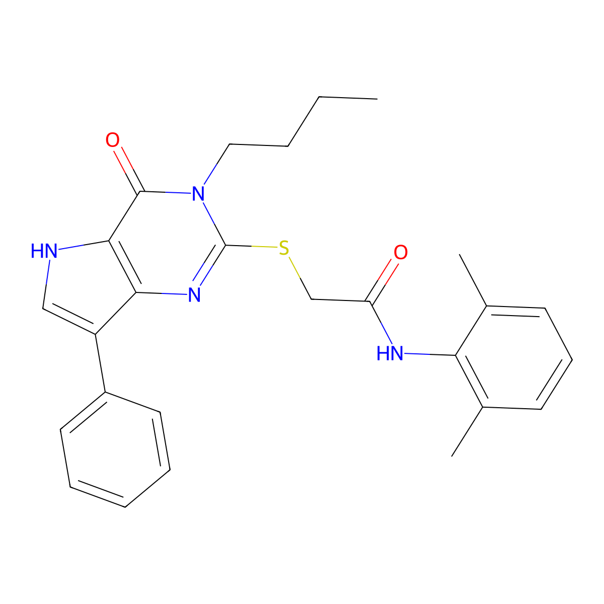 2-[(3-butyl-4-oxo-7-phenyl-4,5-dihydro-3H-pyrrolo[3,2-d]pyrimidin-2-yl)sulfanyl]-N-(2,6-dimethylphenyl)acetamide molecular structure, CAS 1260951-44-7